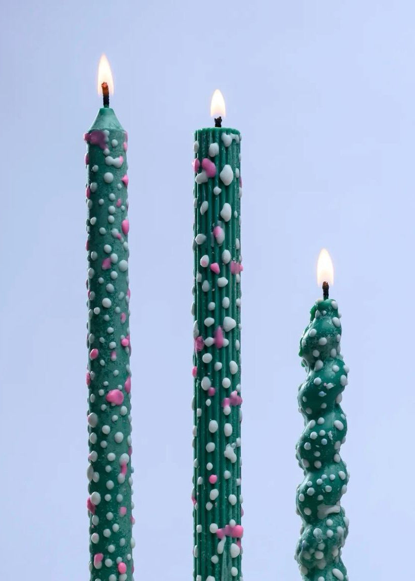 Dotted Taper Candles, Full Set of 3, Green