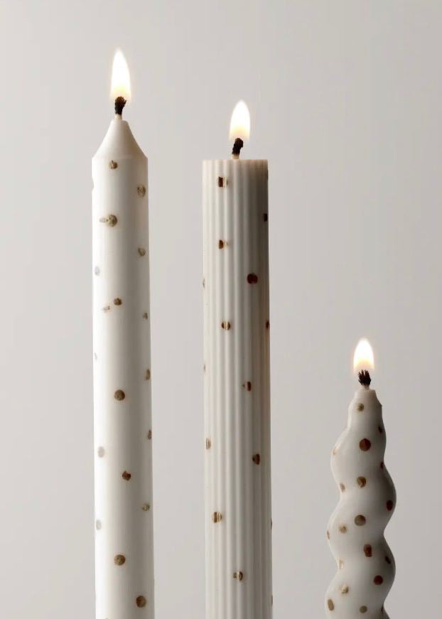 Dotted Taper Candles, Full Set of 3, White & gold