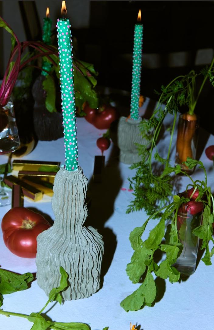 Dotted Taper Candles, Full Set of 3, Green