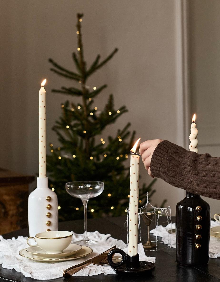 Dotted Taper Candles, Set of 2, White & pink