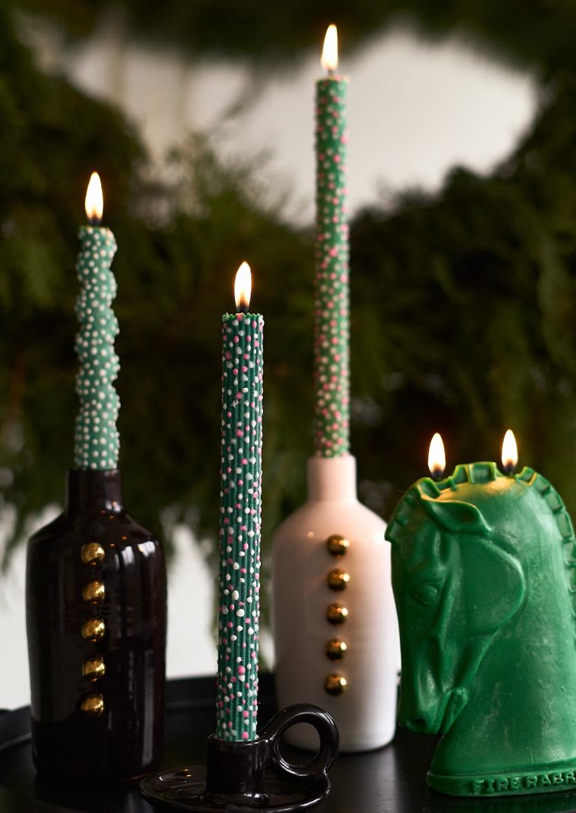 Dotted Taper Candles, Full Set of 3, Green
