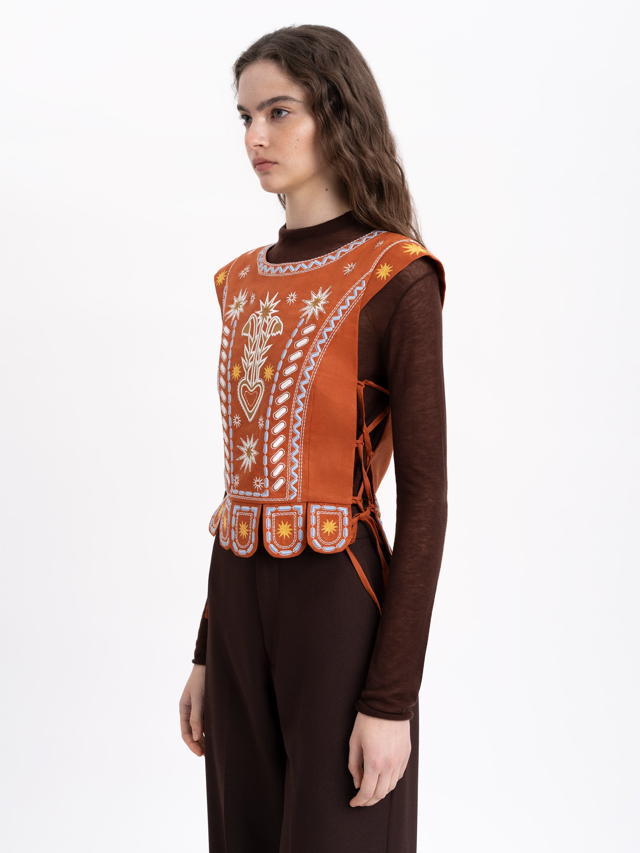 Terracotta linen embroidered vest "Adamant"