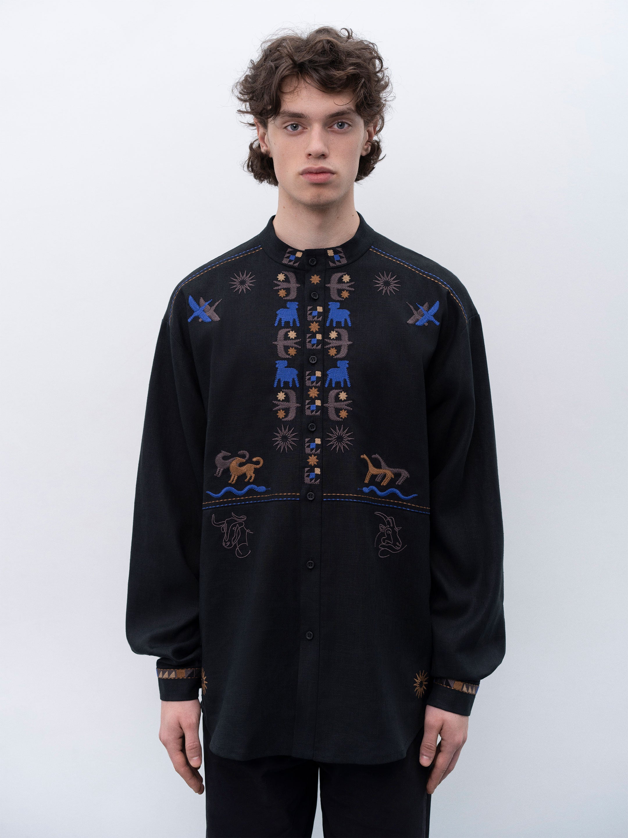 Men's linen shirt on buttons with embroidery Zvir
