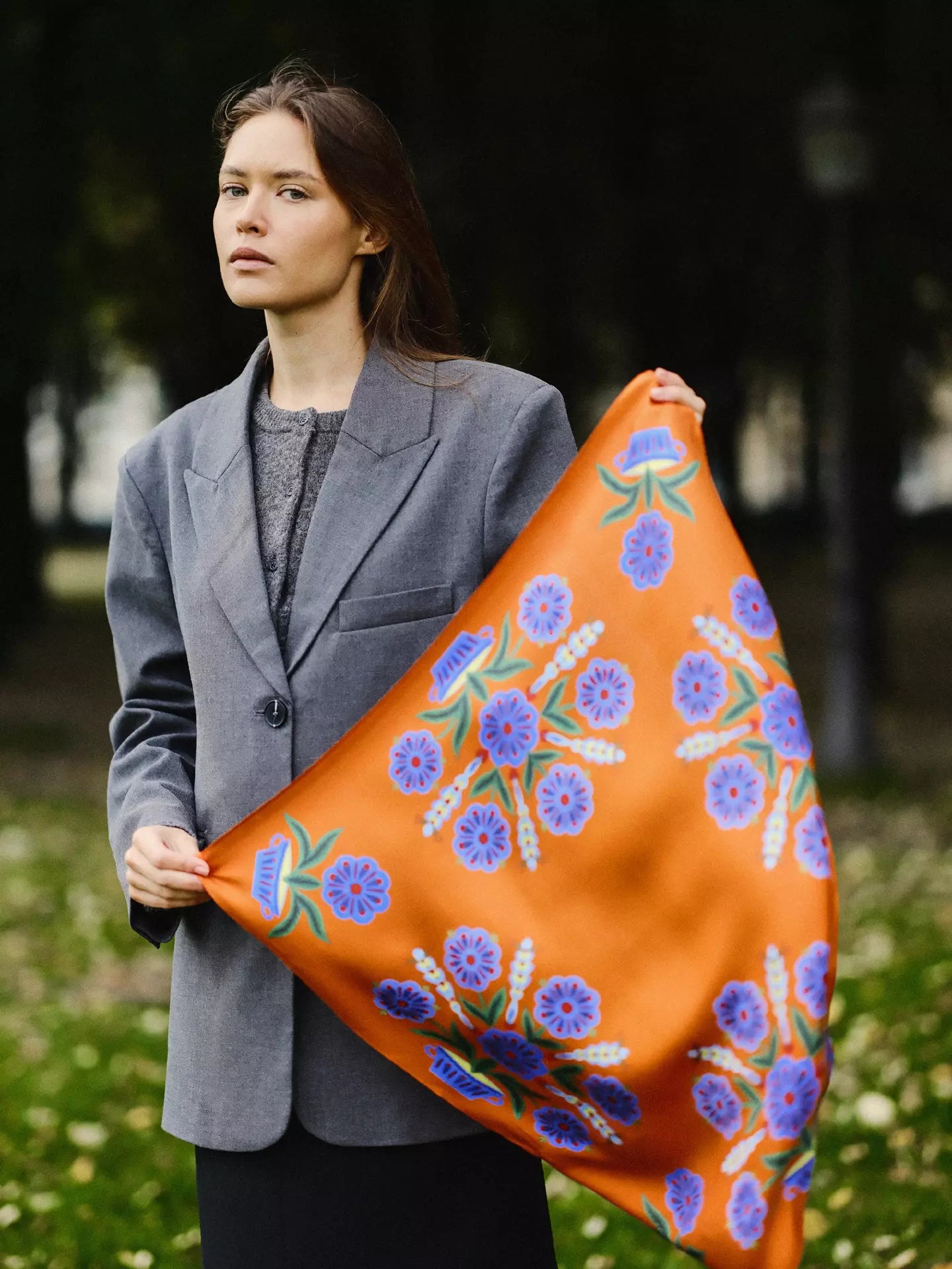Silk scarf "Flowers on orange background"