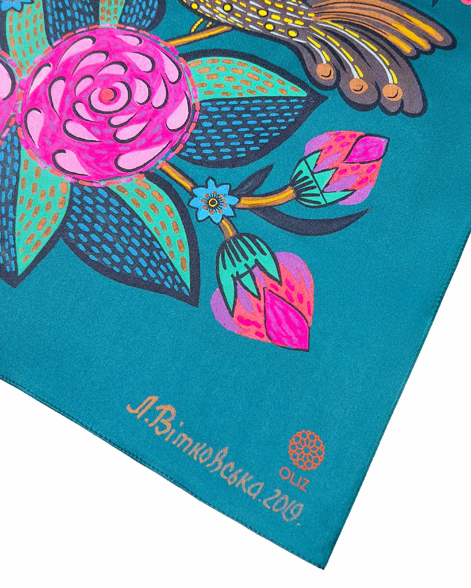 Silk scarf "Birds among flowers"