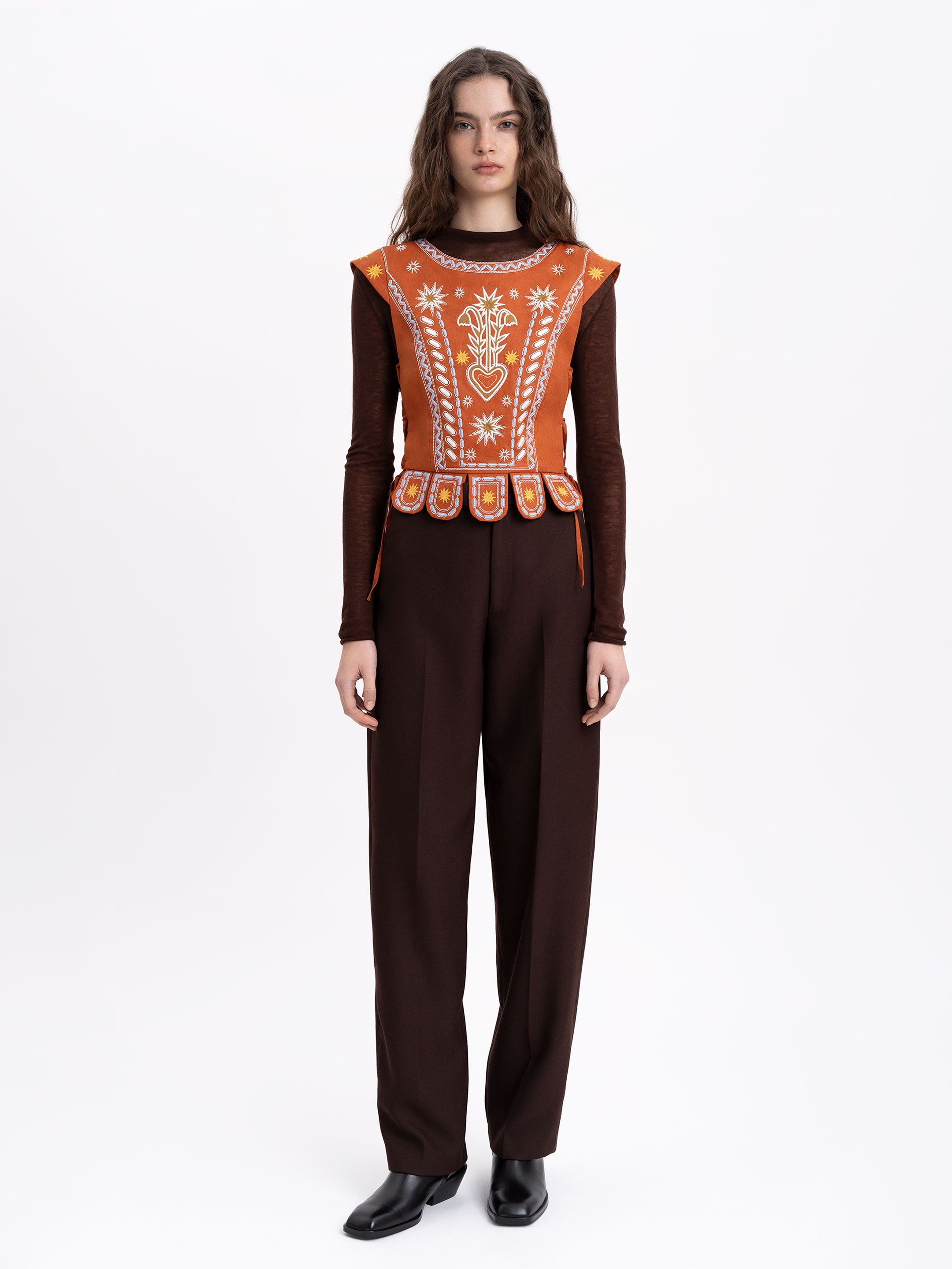 Terracotta linen embroidered vest "Adamant"