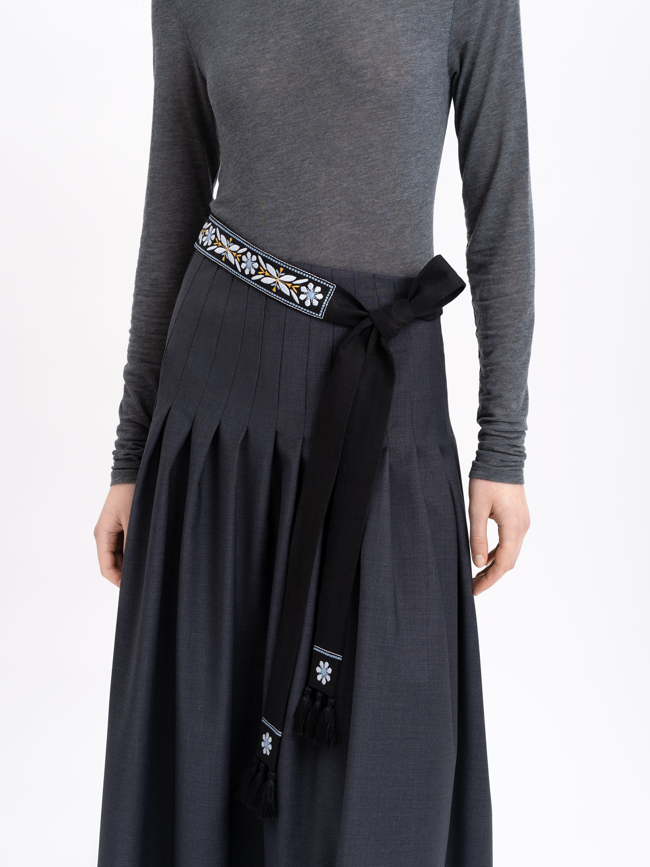 Black linen belt with blue embroidery "Flora"