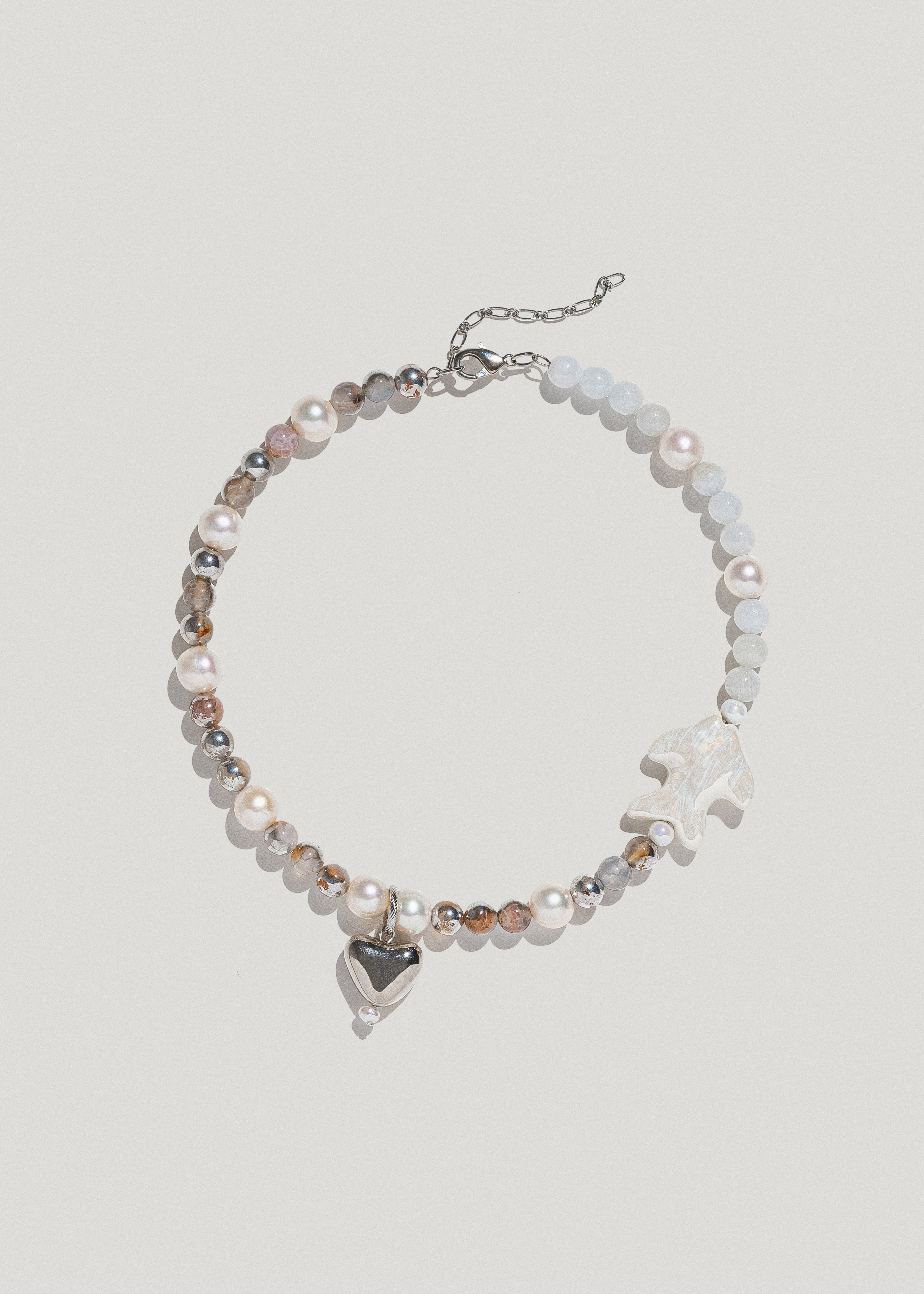 Necklace "Khvyli" with agate, pearls, heart and fish