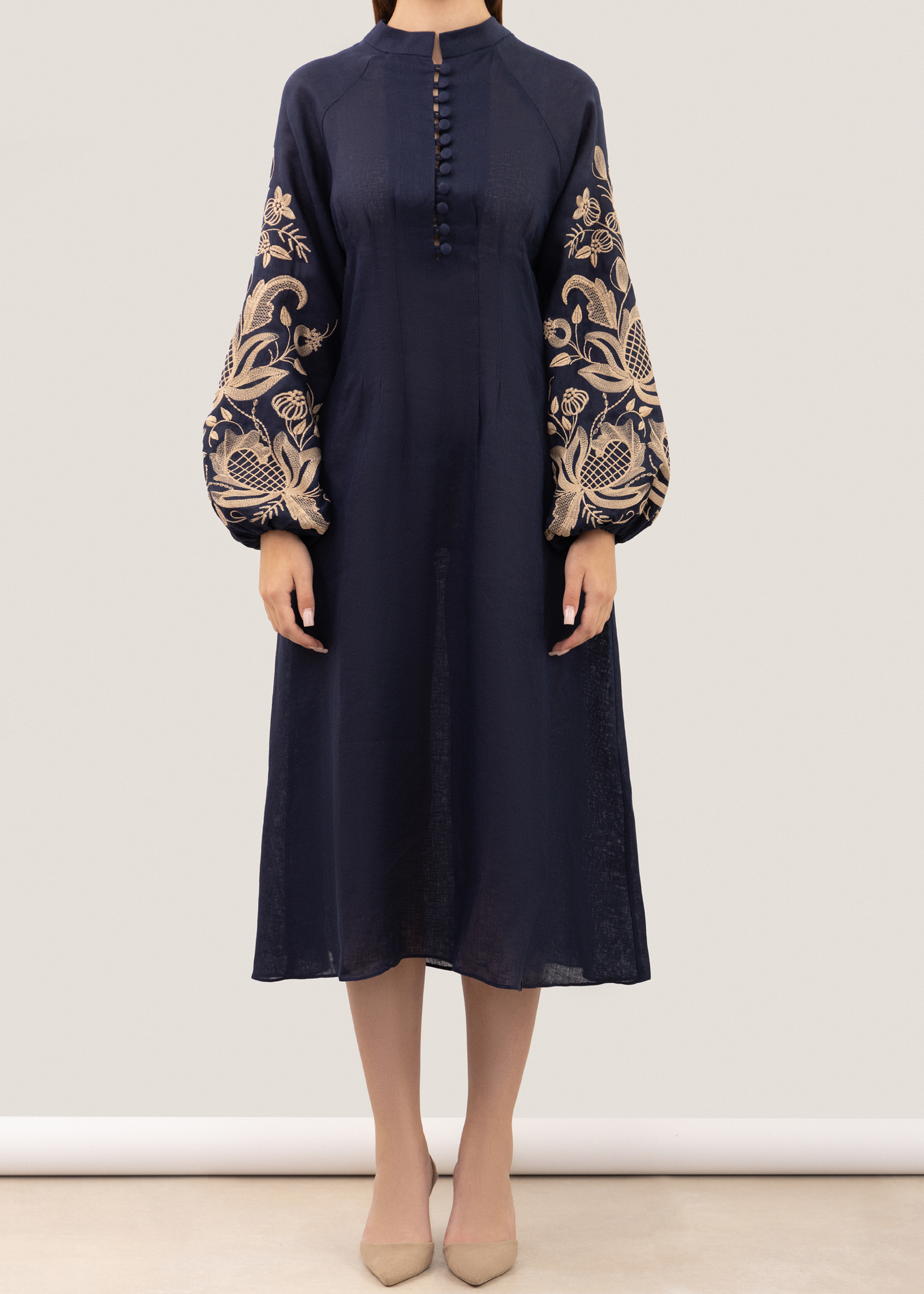 Dress based on the motifs of a traditional shirt with designer embroidery dark blue