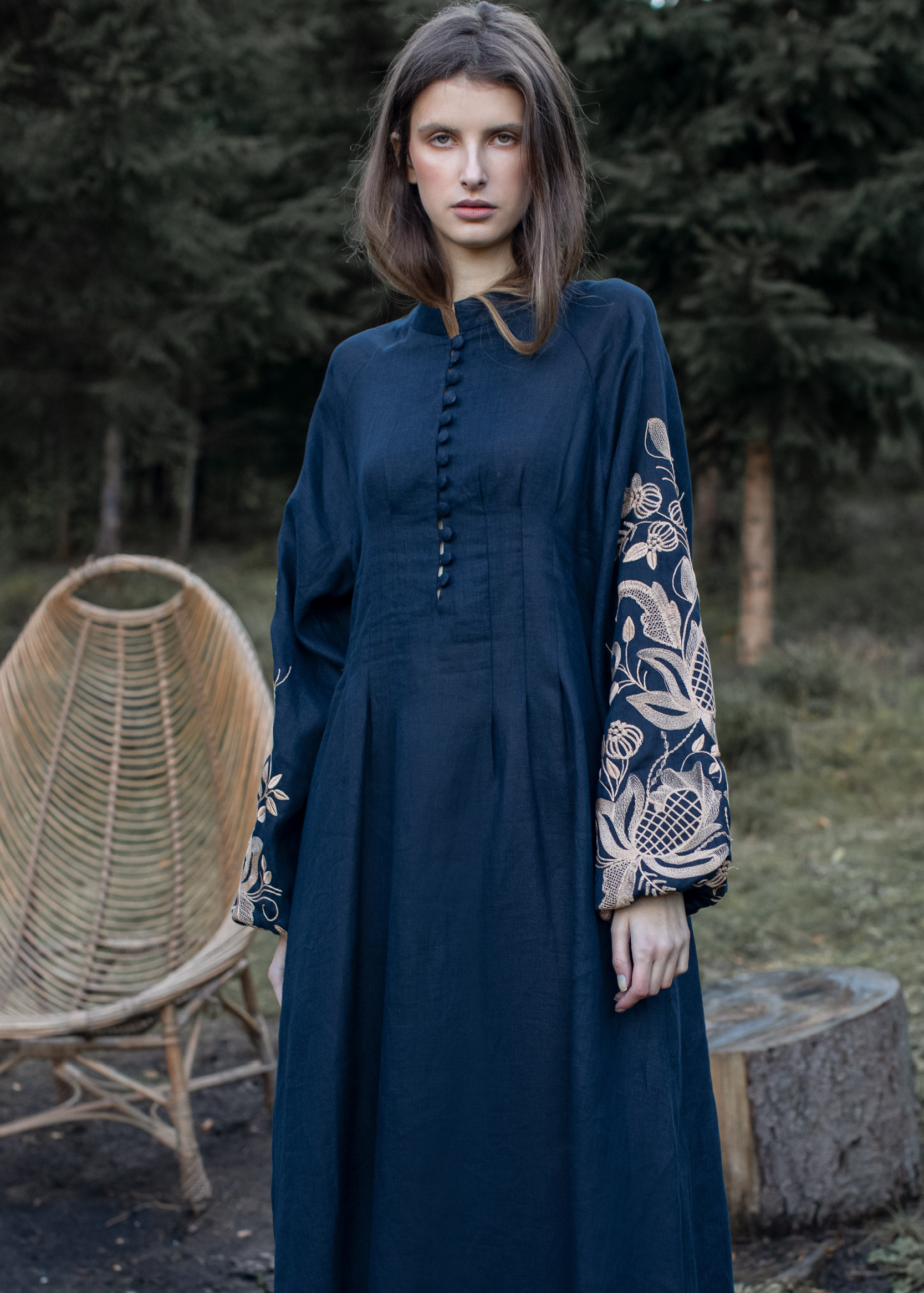 Dress based on the motifs of a traditional shirt with designer embroidery dark blue