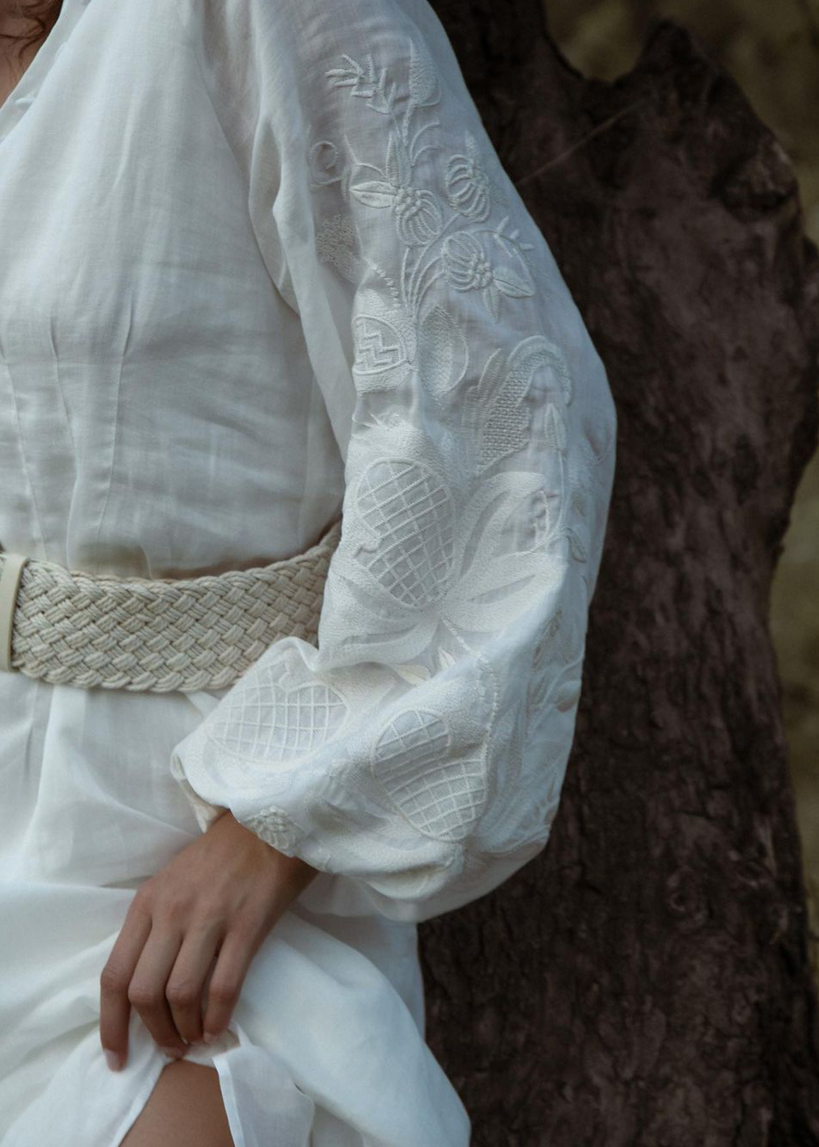 Dress based on the motifs of a traditional shirt with designer embroidery white