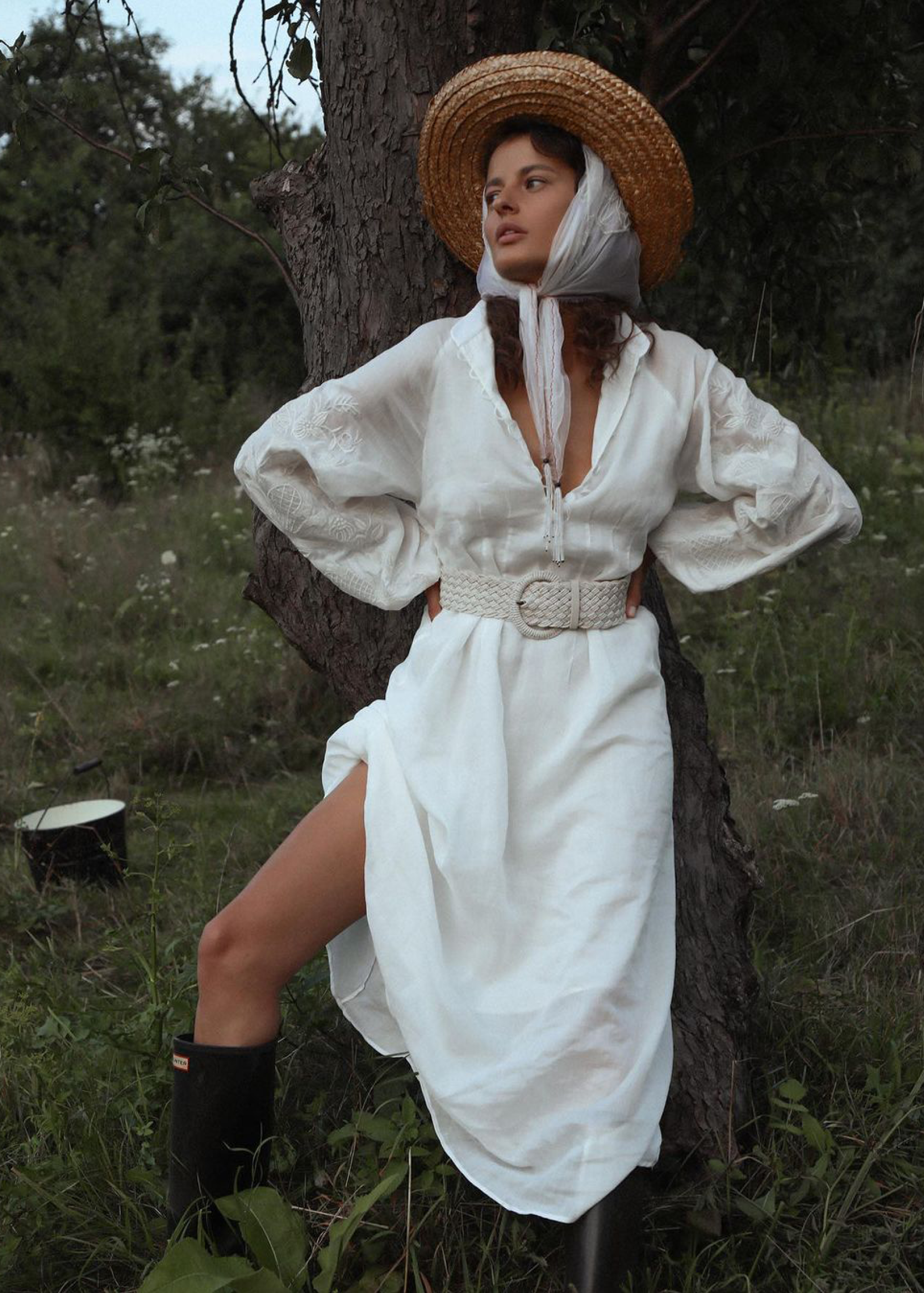 Dress based on the motifs of a traditional shirt with designer embroidery white