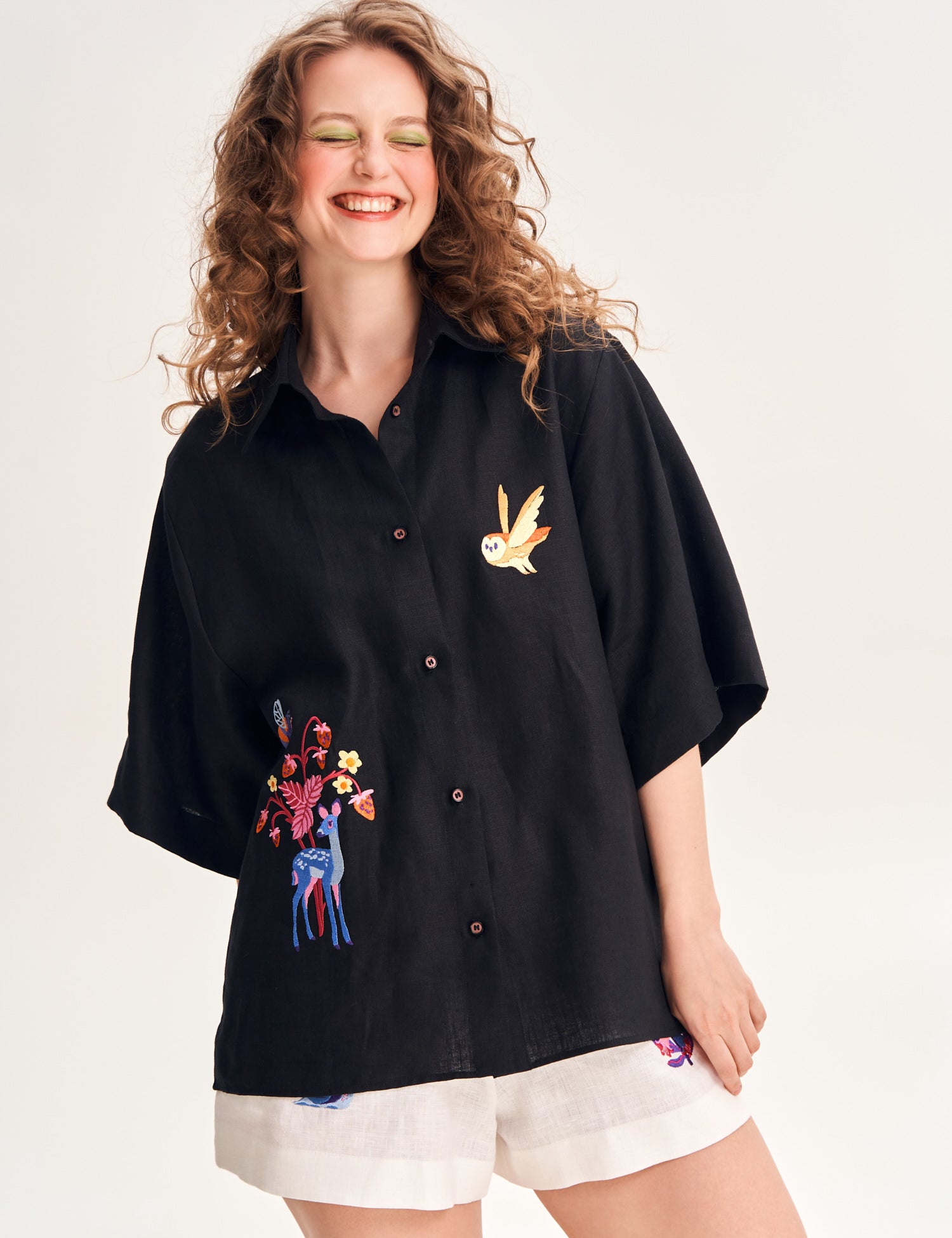 "Forest Tale" Embroidered Linen Shirt, Black