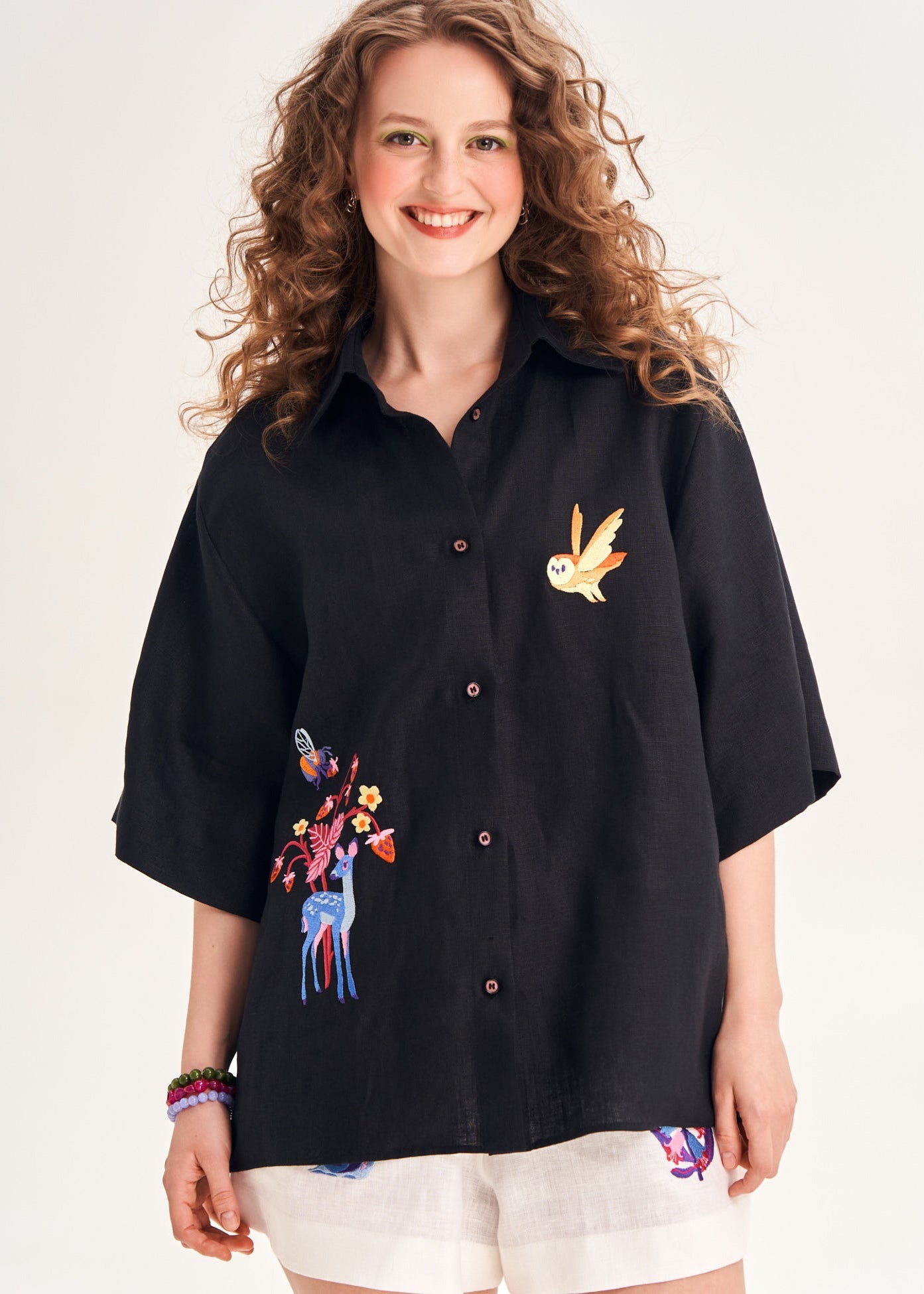 "Forest Tale" Embroidered Linen Shirt, Black