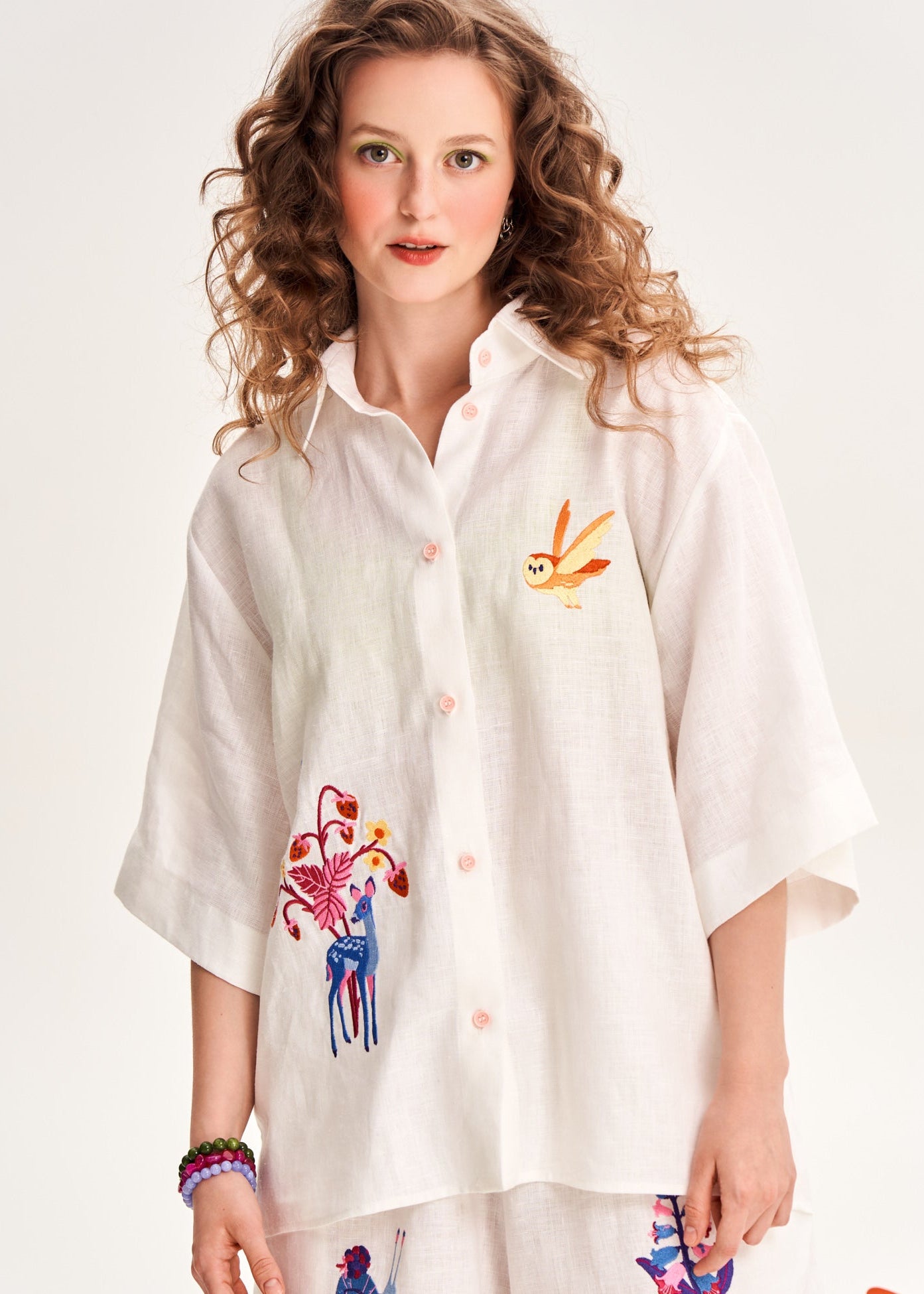"Forest Tale" Embroidered Linen Shirt, White