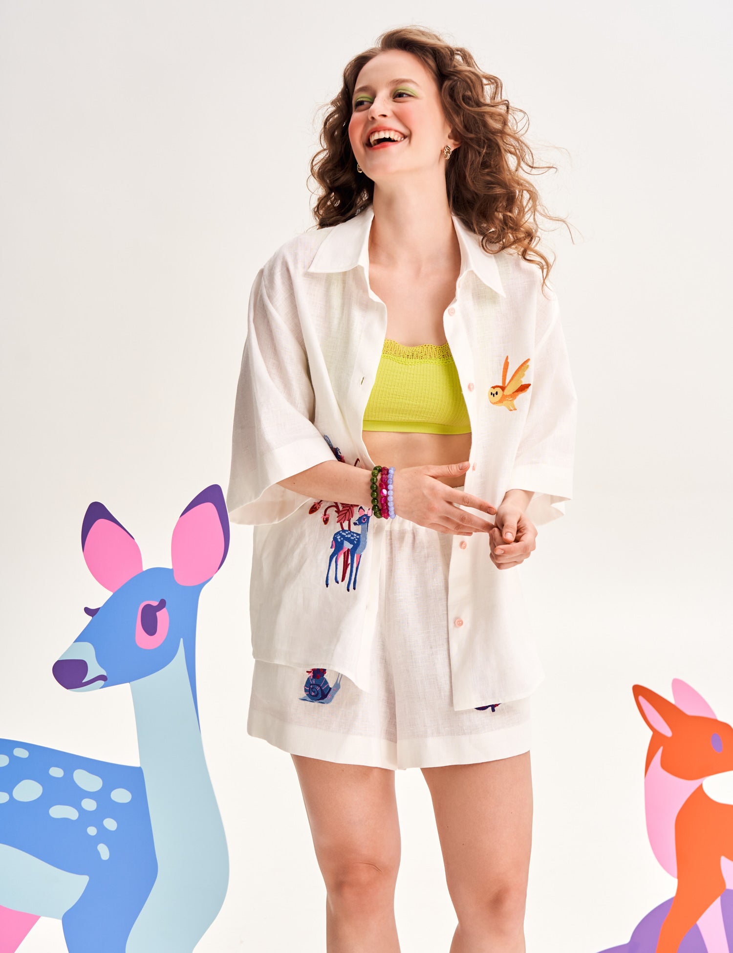 "Forest Tale" Embroidered Linen Shirt, White