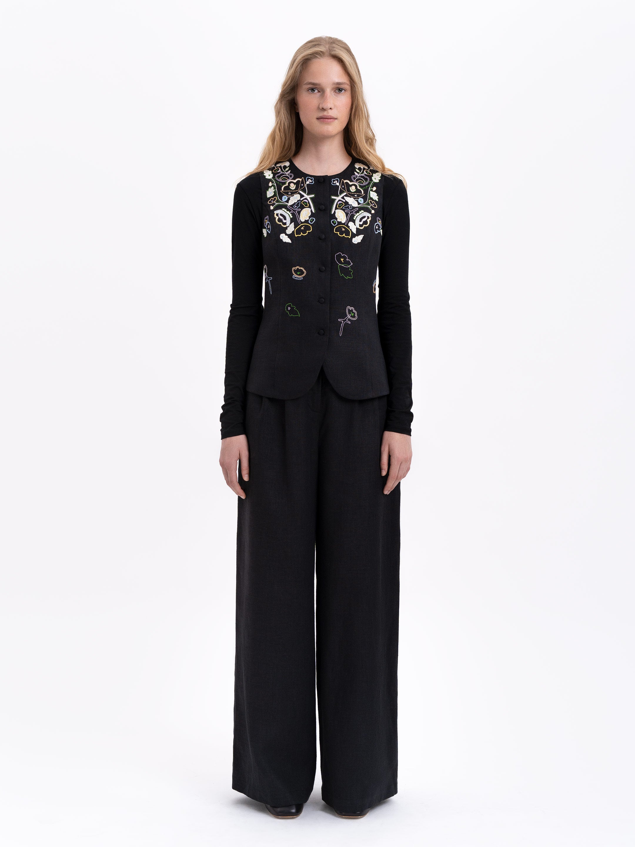 Black linen embroidered vest "Agrus"