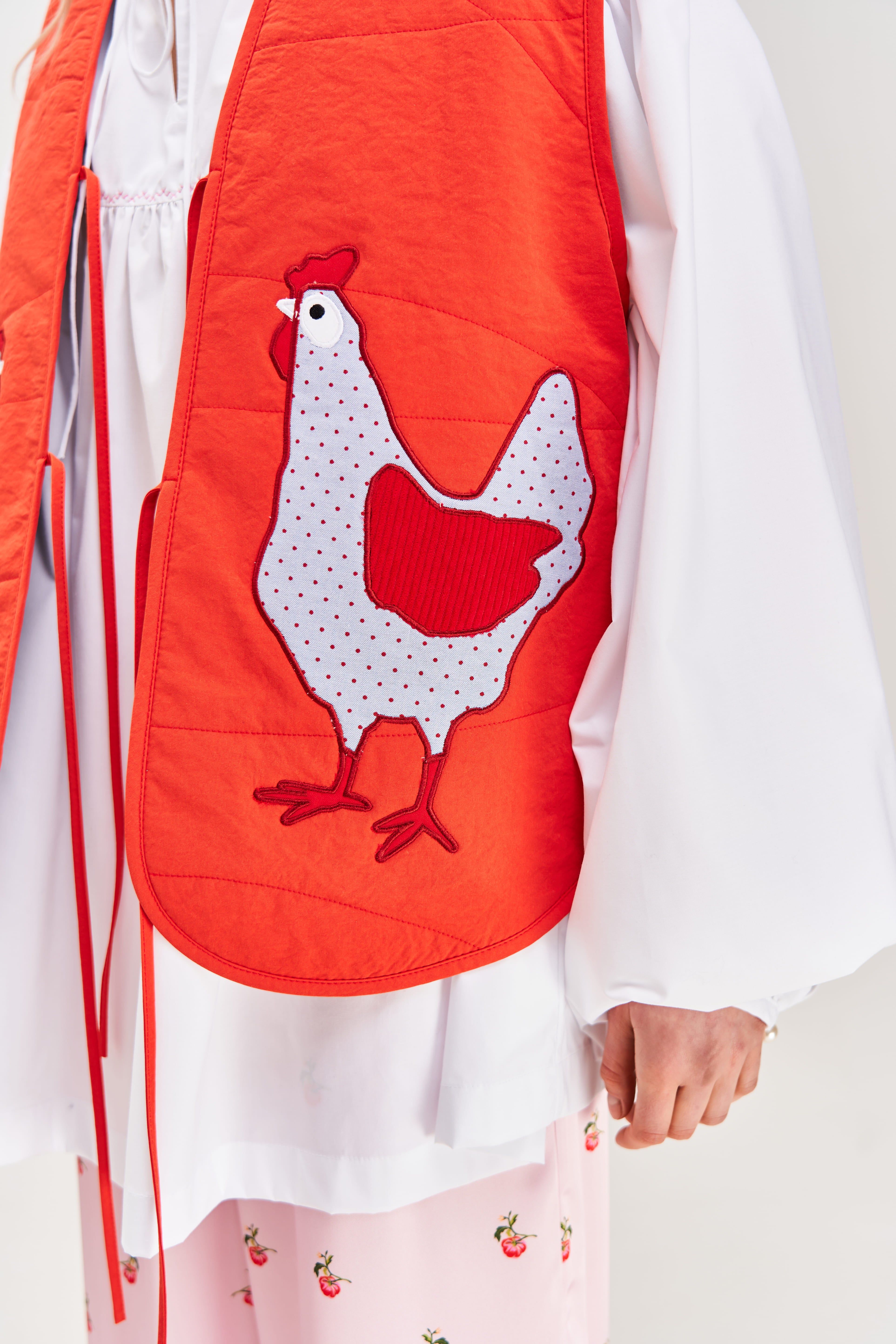 "Hens" Quilted Vest with Appliqué, Red