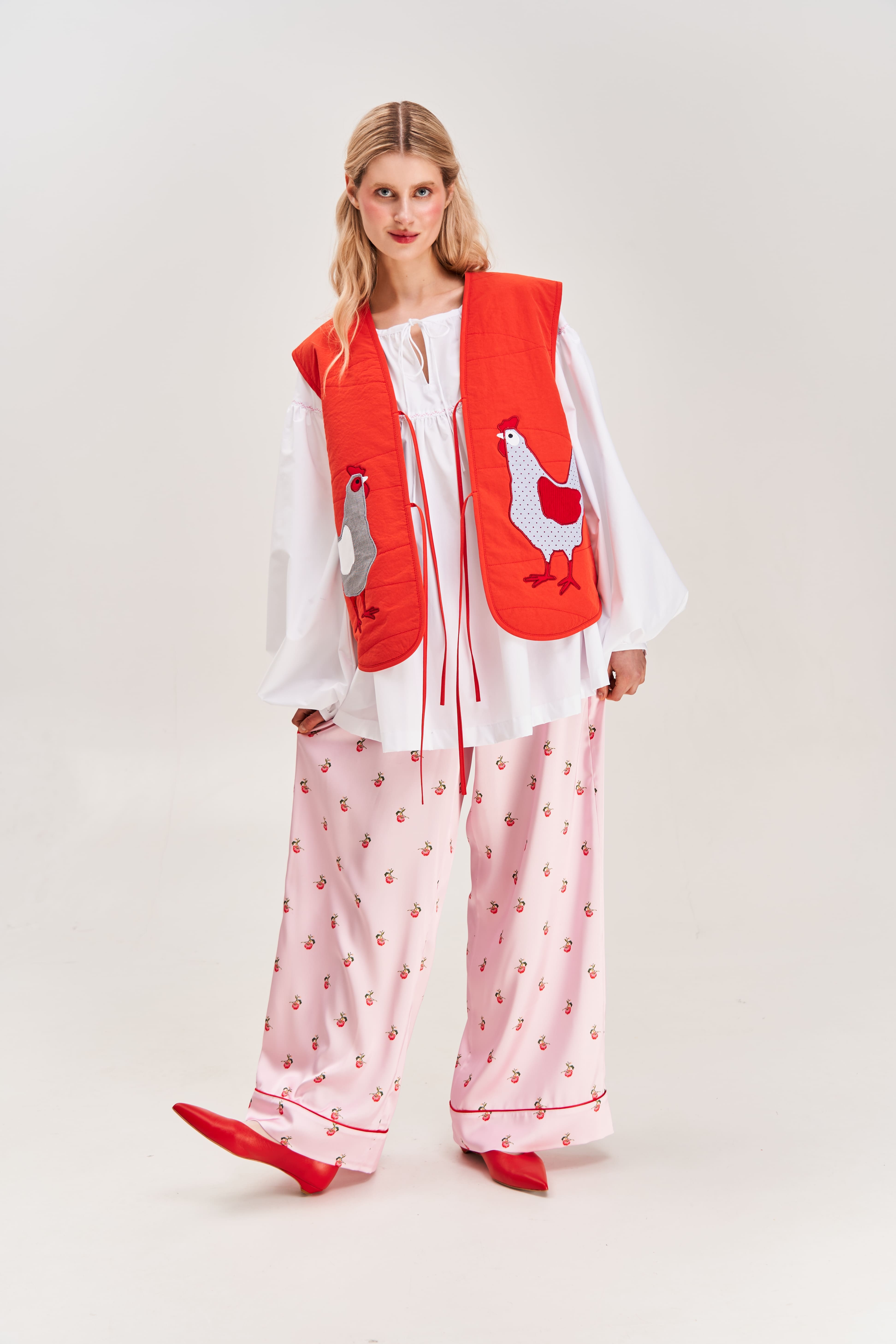 "Hens" Quilted Vest with Appliqué, Red