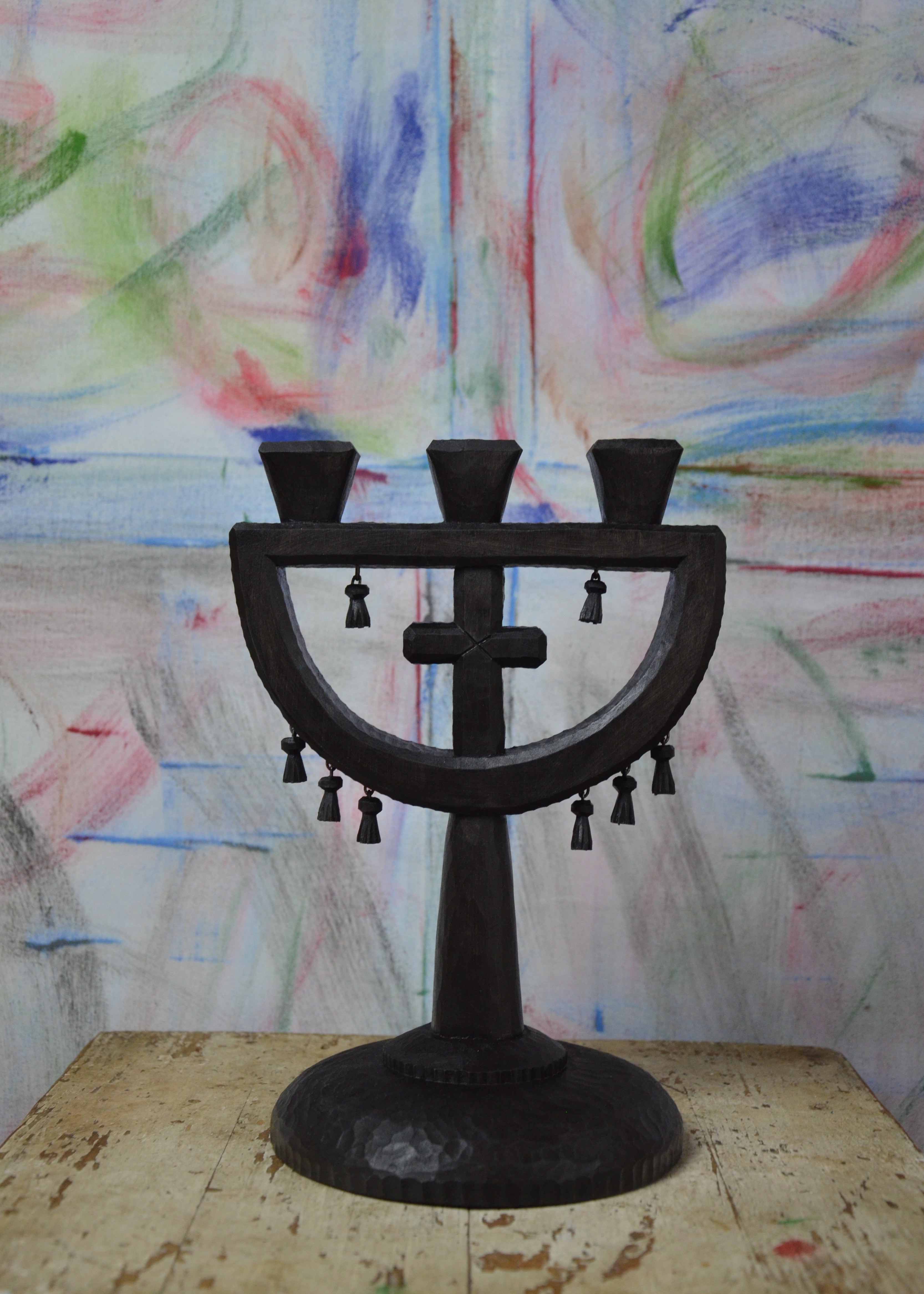 Geometric Trinity Candleholder (dark wood)