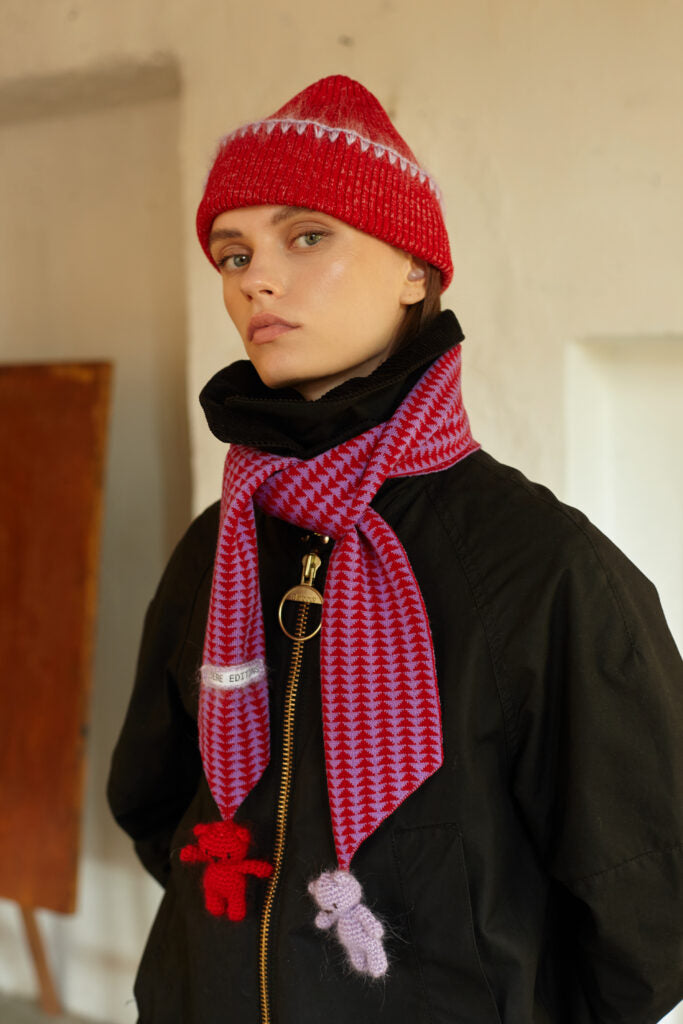 Teddy Boo Merino Scarf in Chili Red & Lavender Candy
