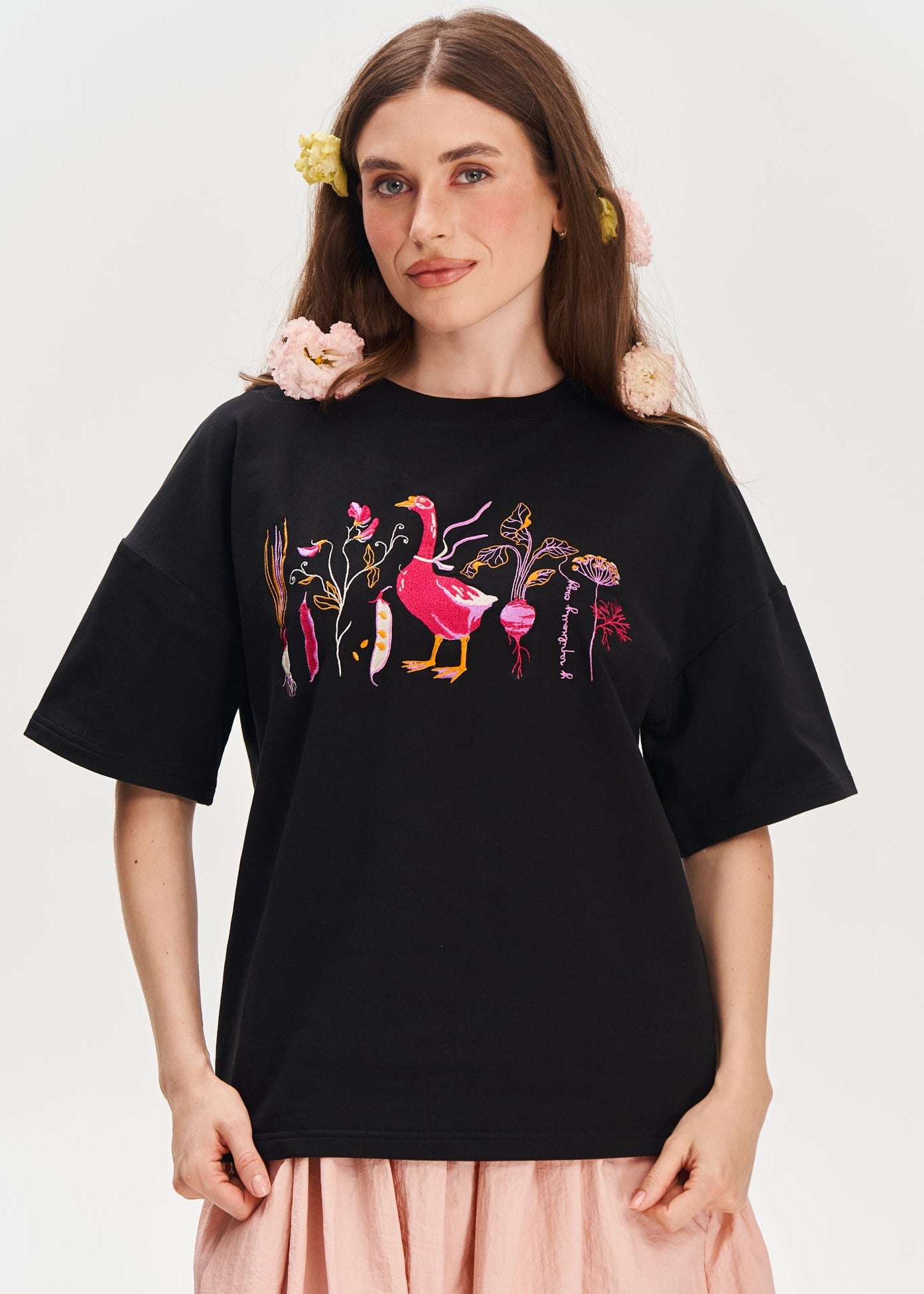 "In the Magic Garden" Embroidered T-shirt, Black