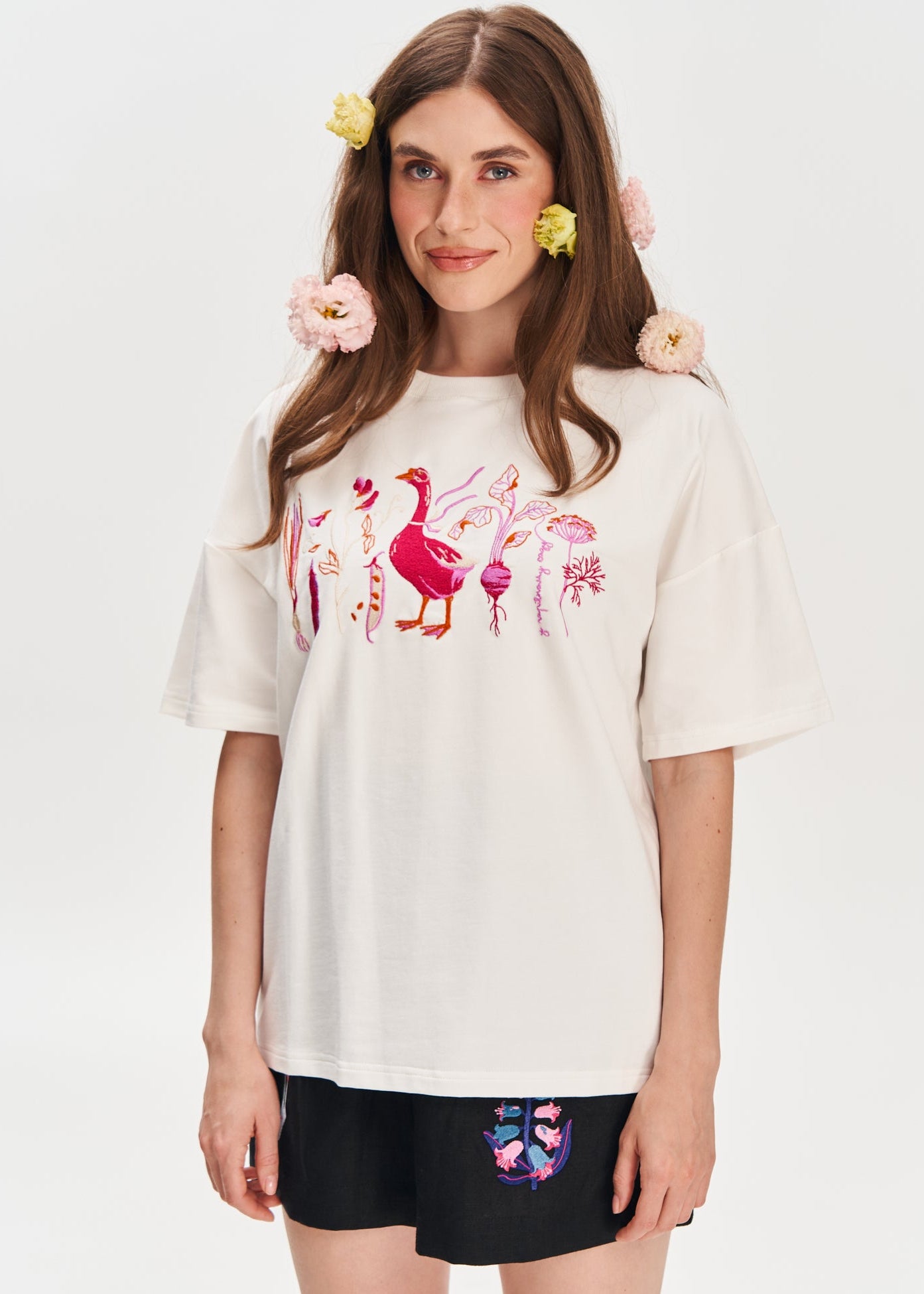 "In the Magic Garden" Embroidered T-shirt, Milky