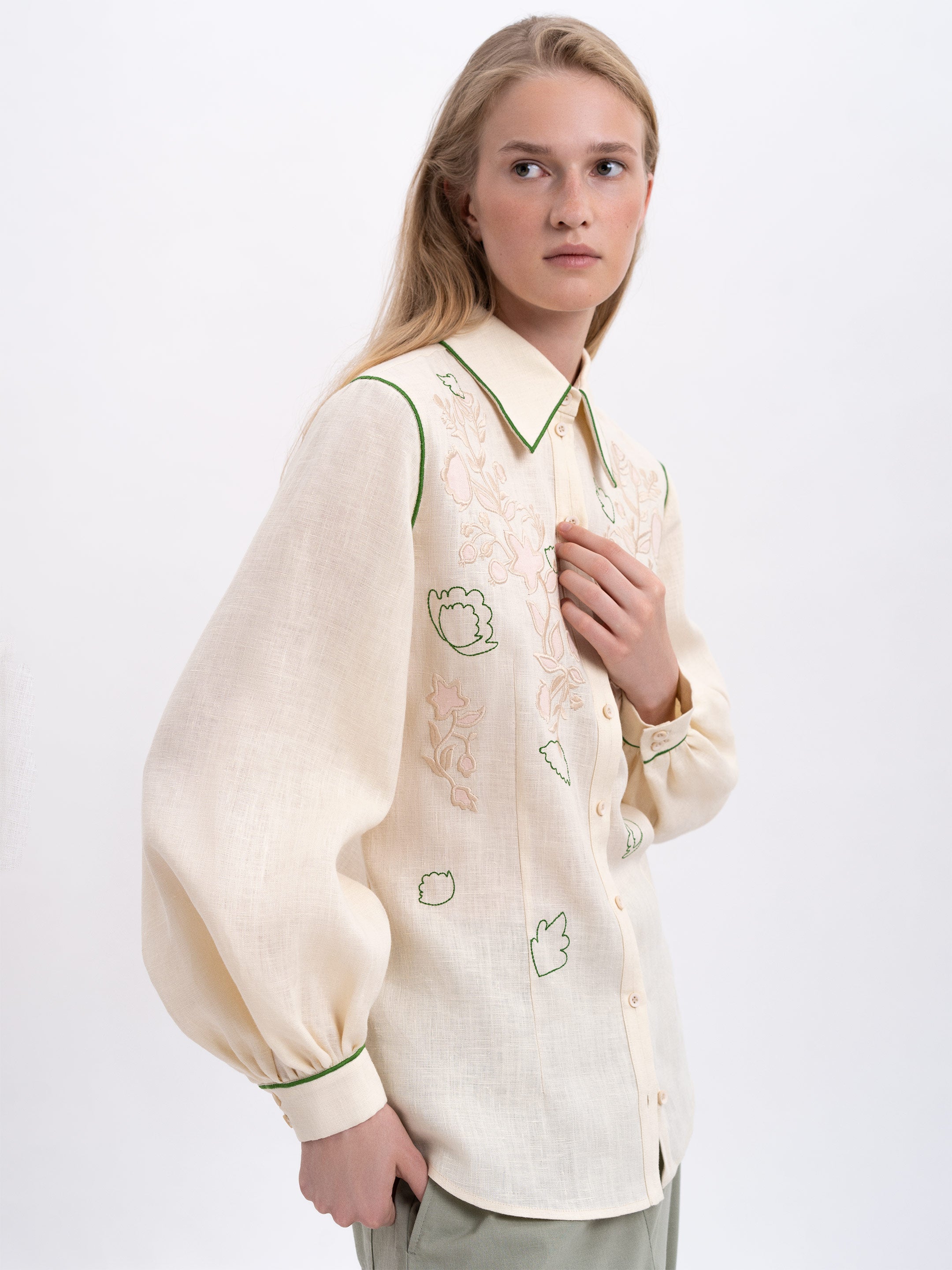 Linen embroidered shirt of milk color "Zhuravlyna"