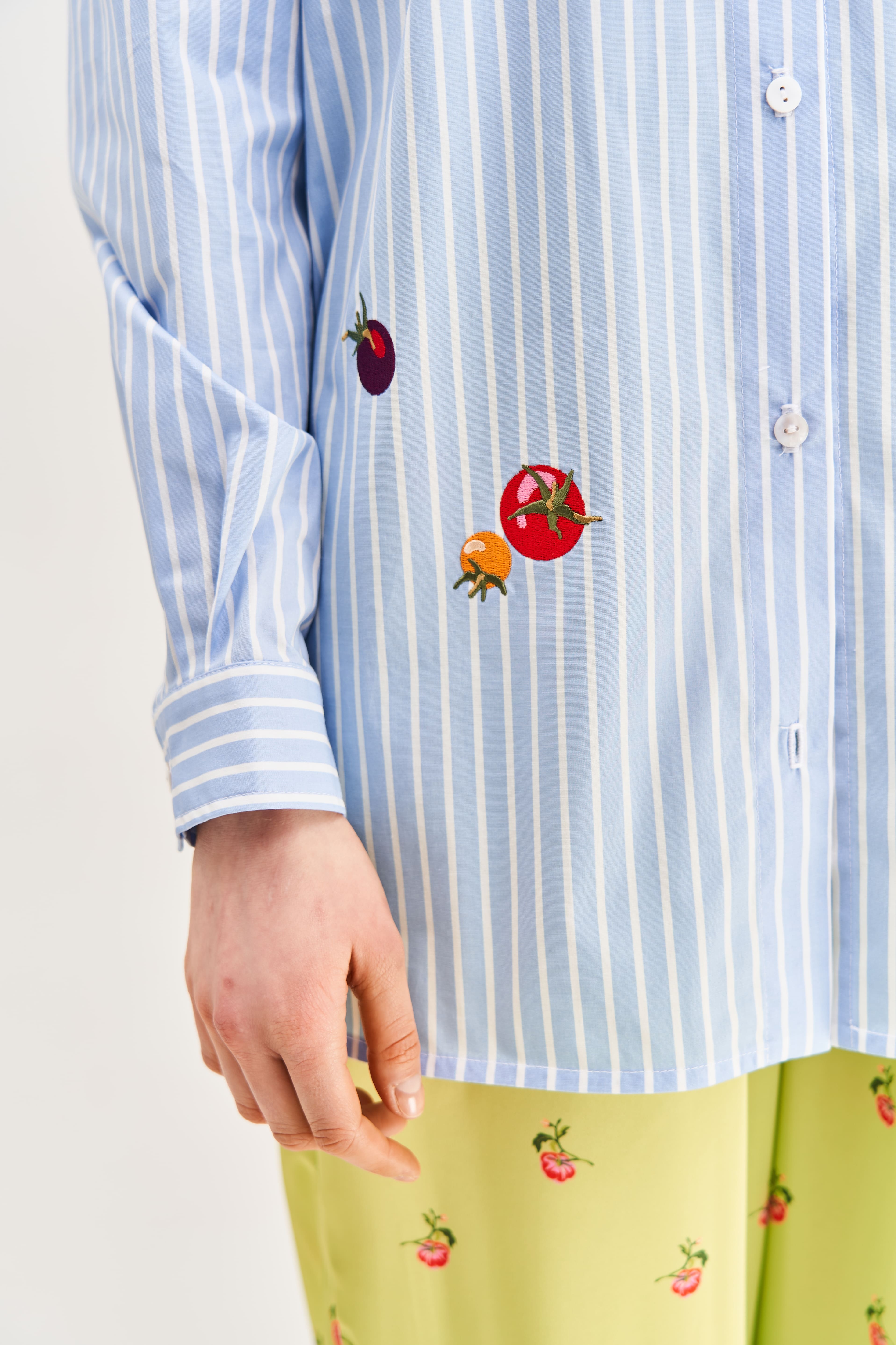 "Kherson Tomato" Embroidered Shirt, Light Blue Stripe