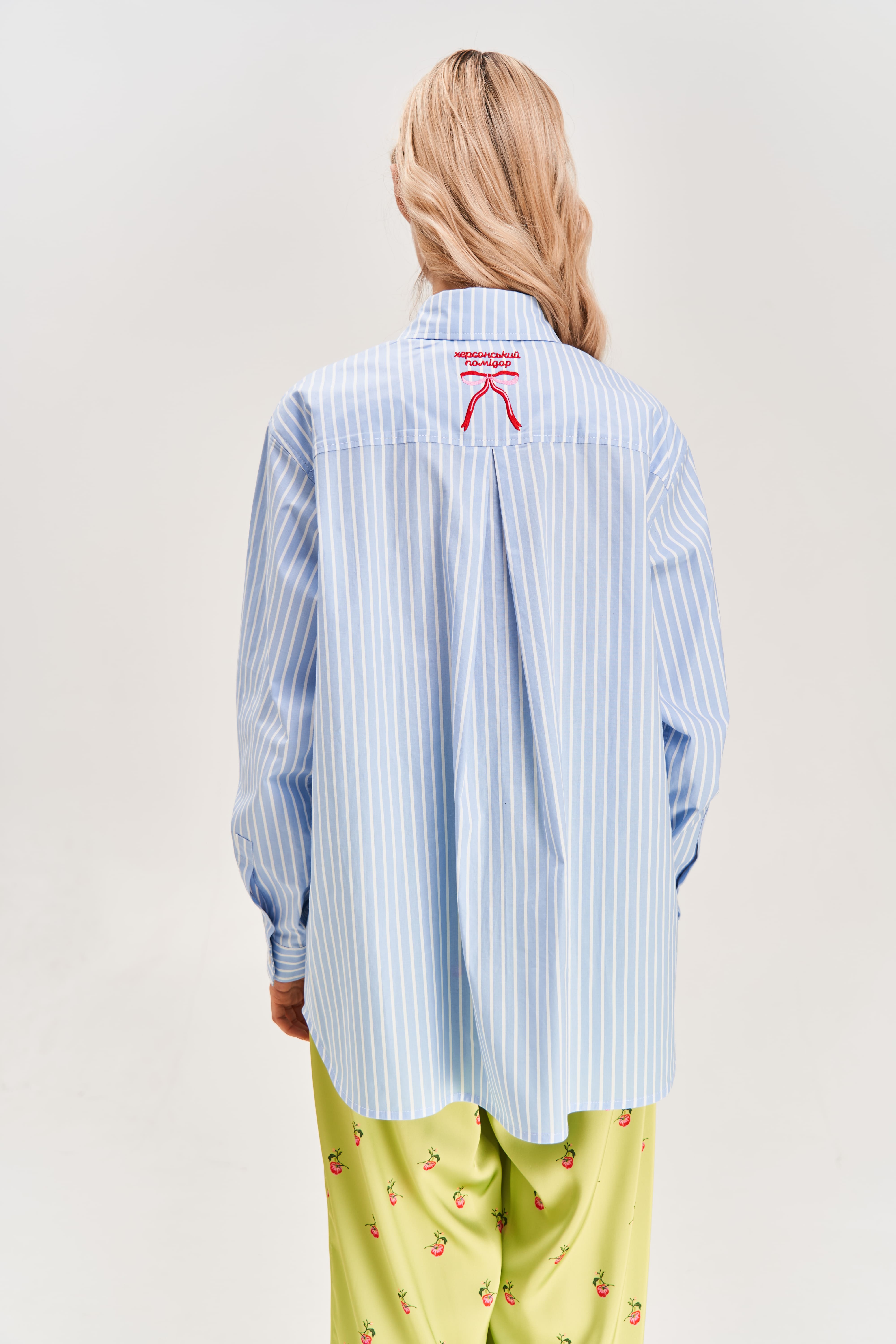 "Kherson Tomato" Embroidered Shirt, Light Blue Stripe