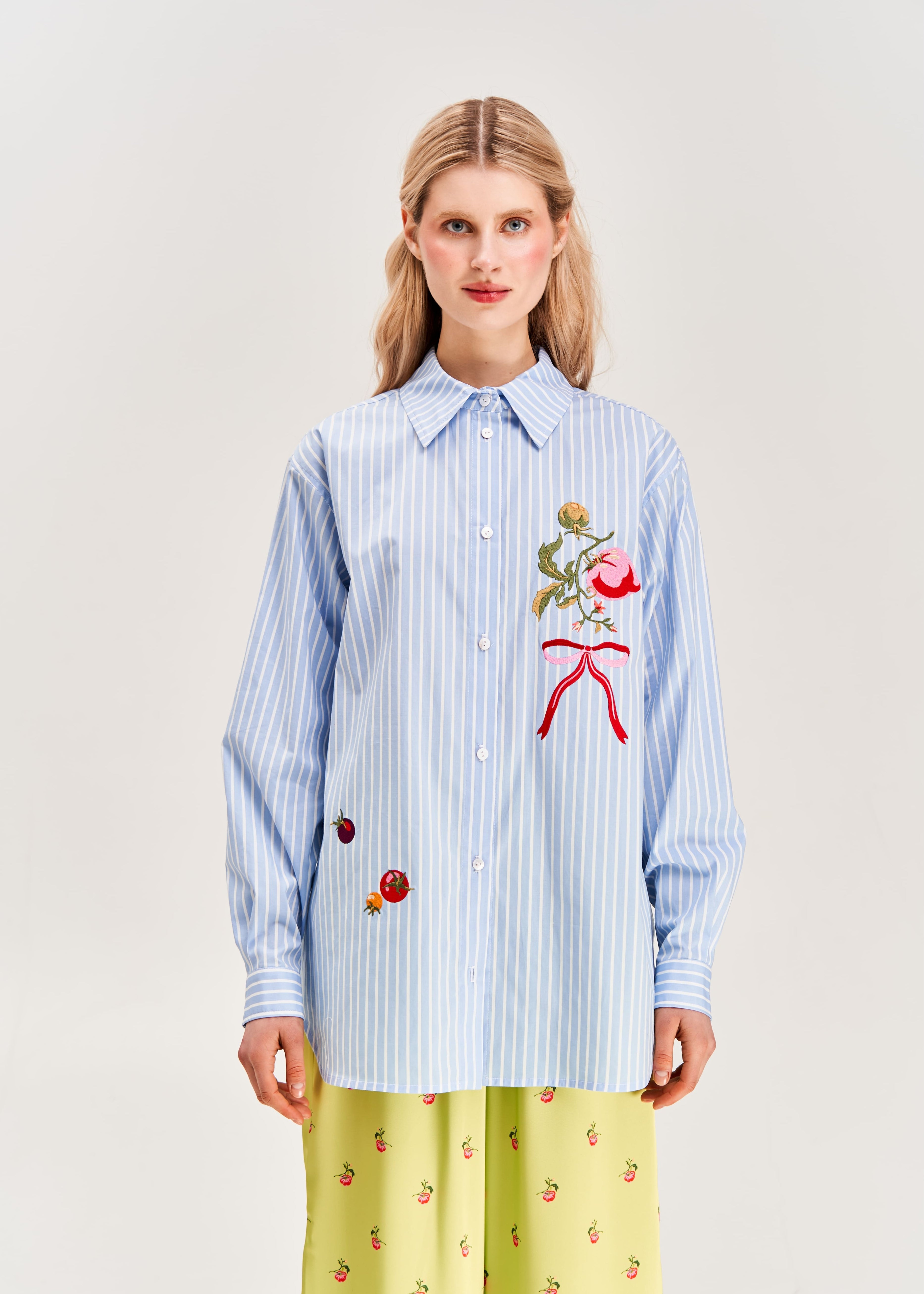 "Kherson Tomato" Embroidered Shirt, Light Blue Stripe