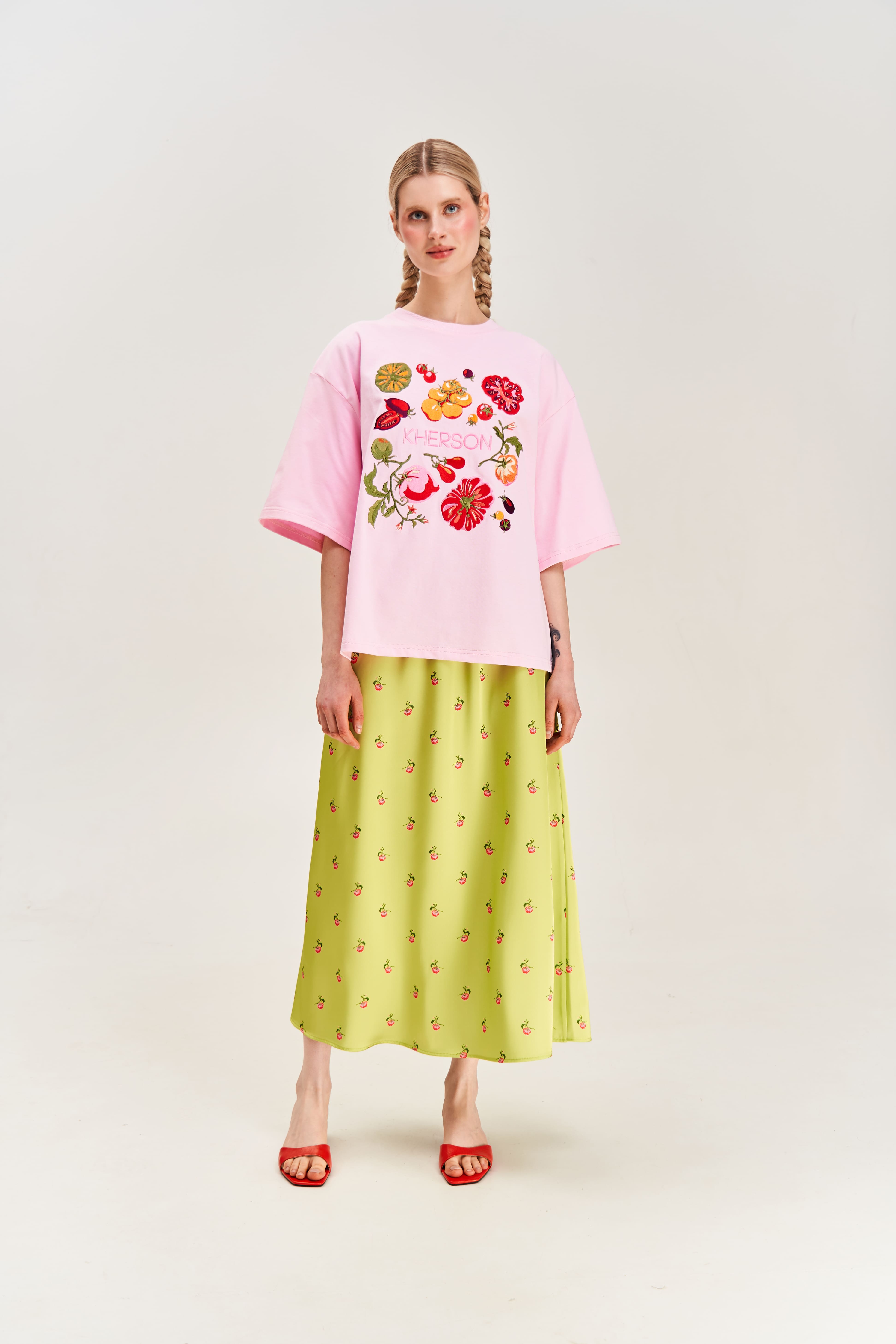 "Kherson Tomatoes" Printed Long Skirt, Green