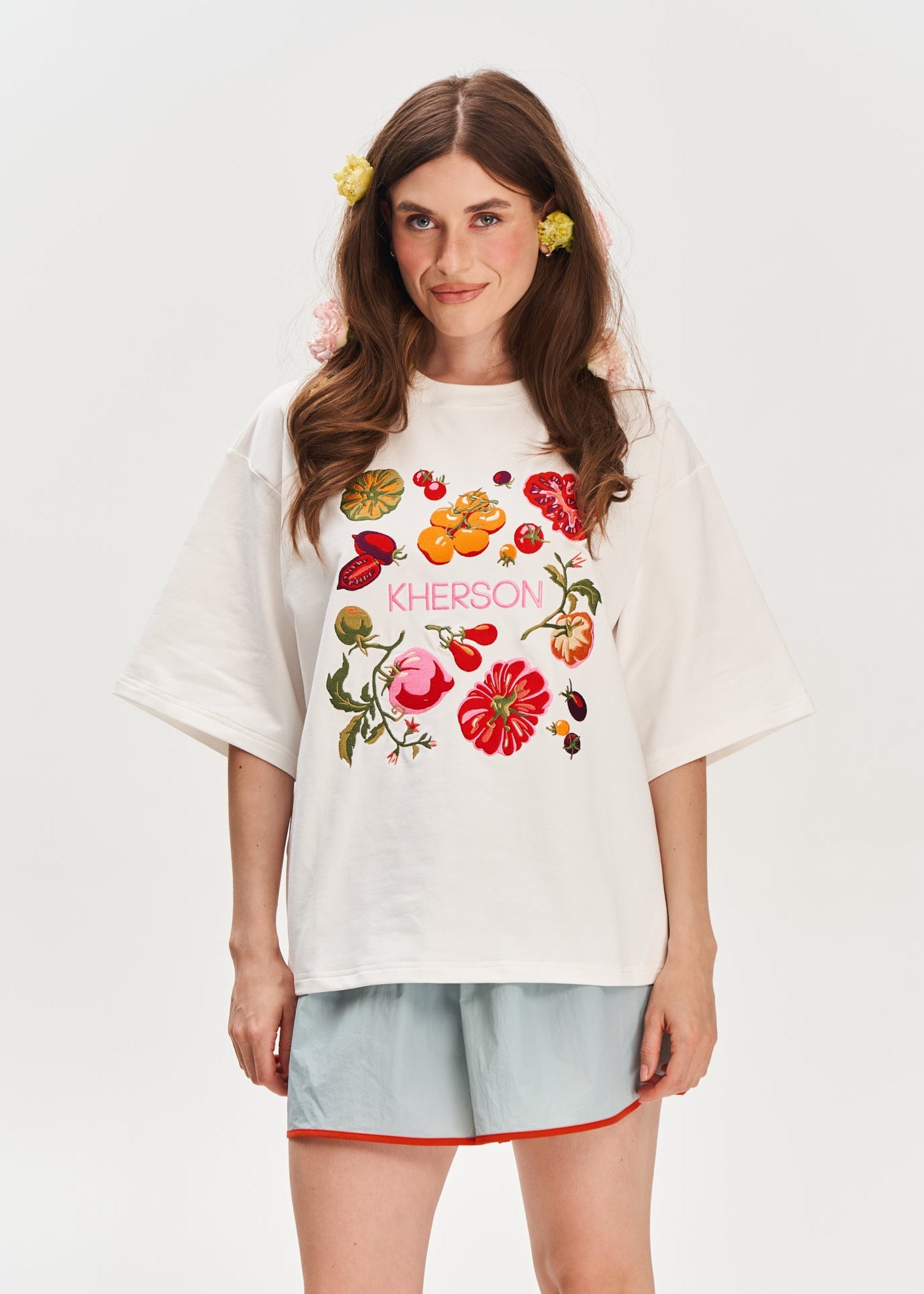 "Kherson Tomatoes" Embroidered T-shirt, Milky