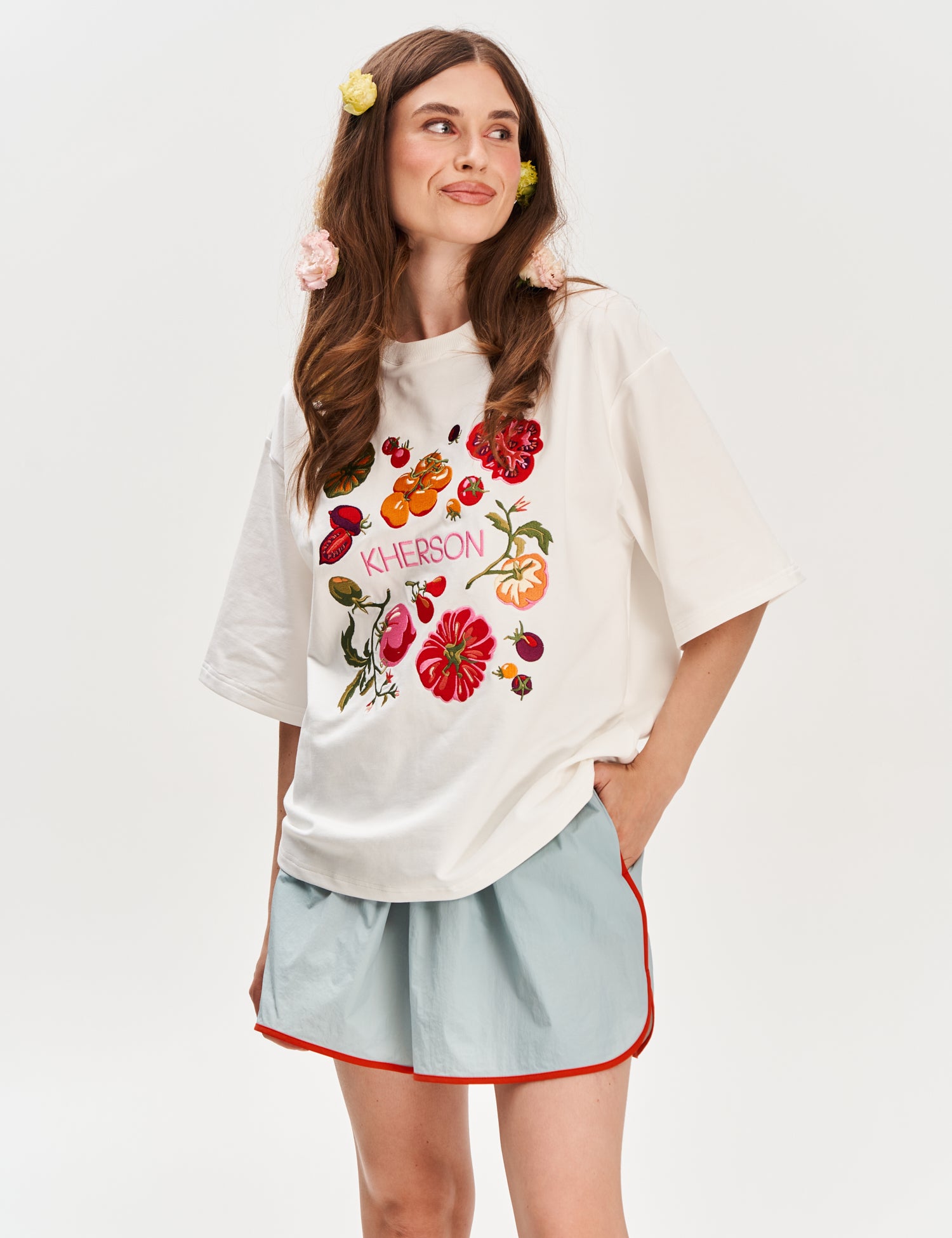 "Kherson Tomatoes" Embroidered T-shirt, Milky