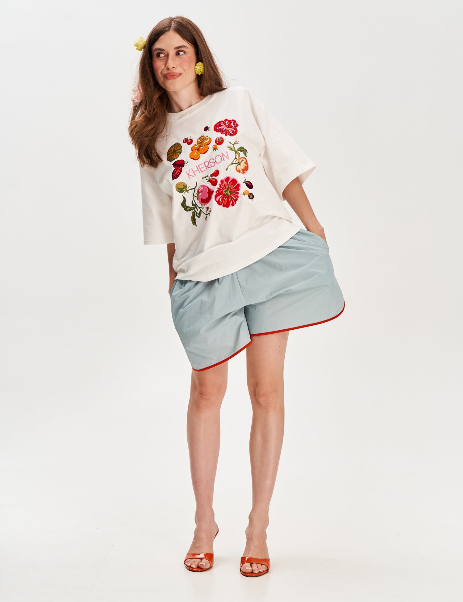 "Kherson Tomatoes" Embroidered T-shirt, Milky