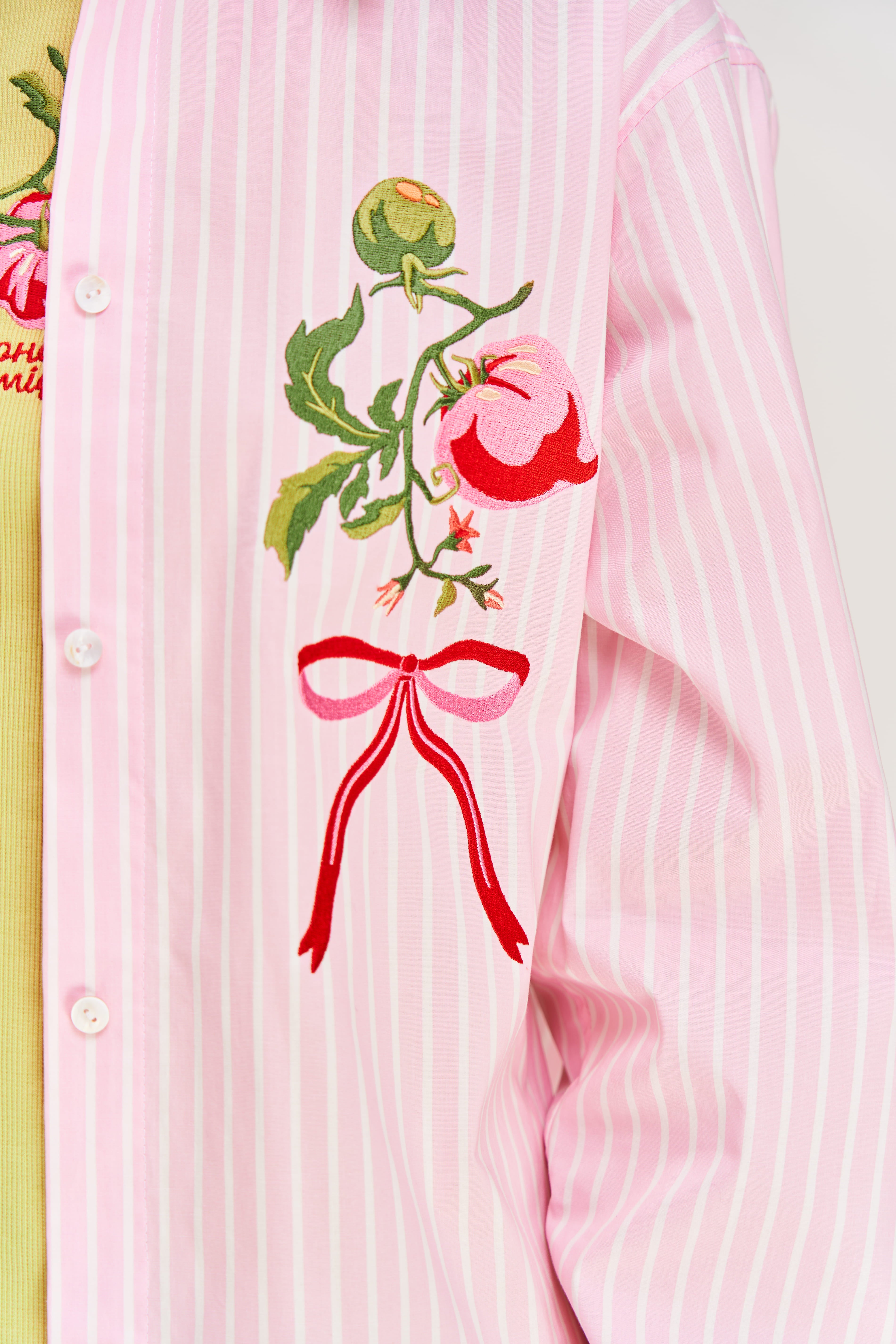 "Kherson Tomato" Embroidered Shirt, Pink Stripe