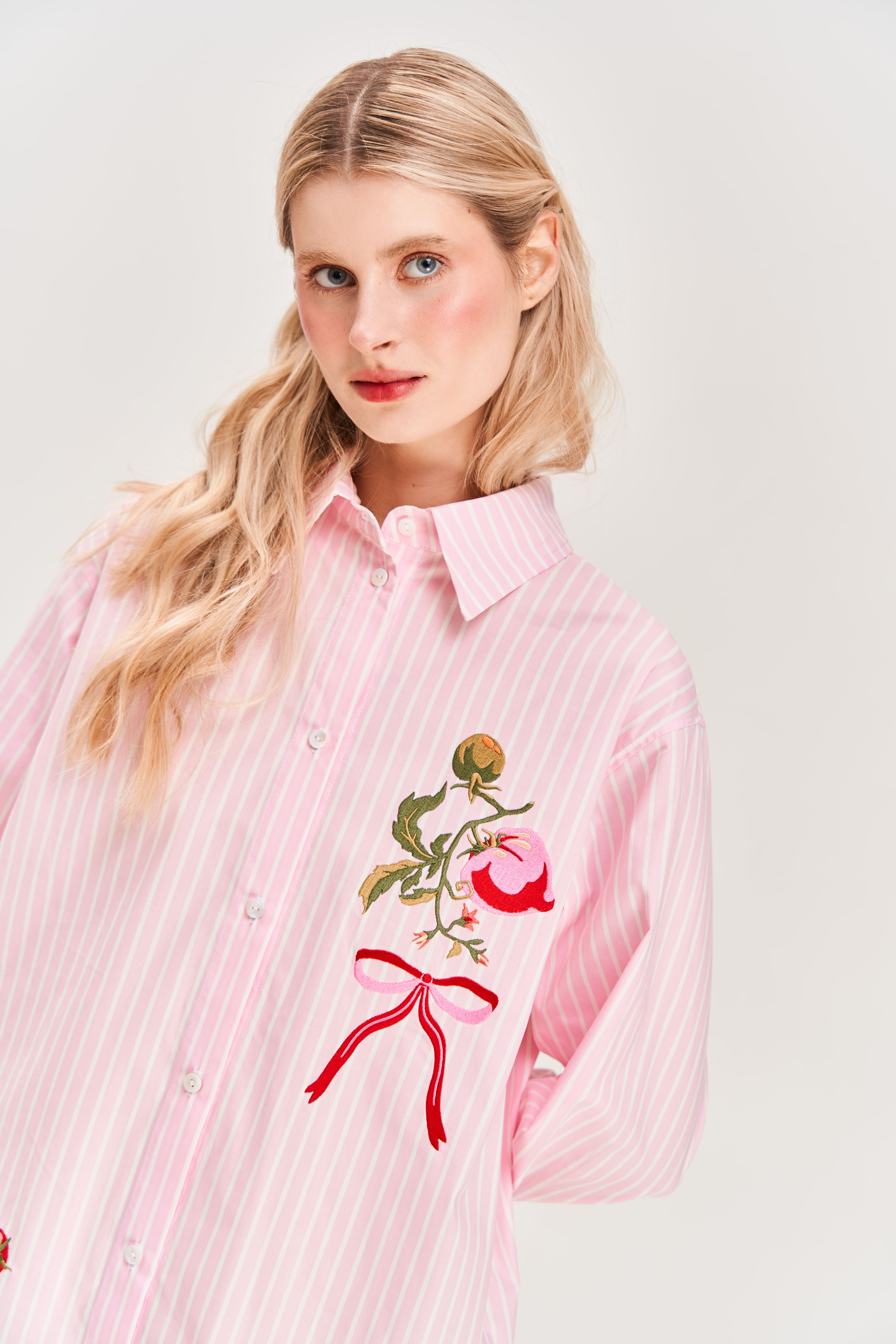 "Kherson Tomato" Embroidered Shirt, Pink Stripe
