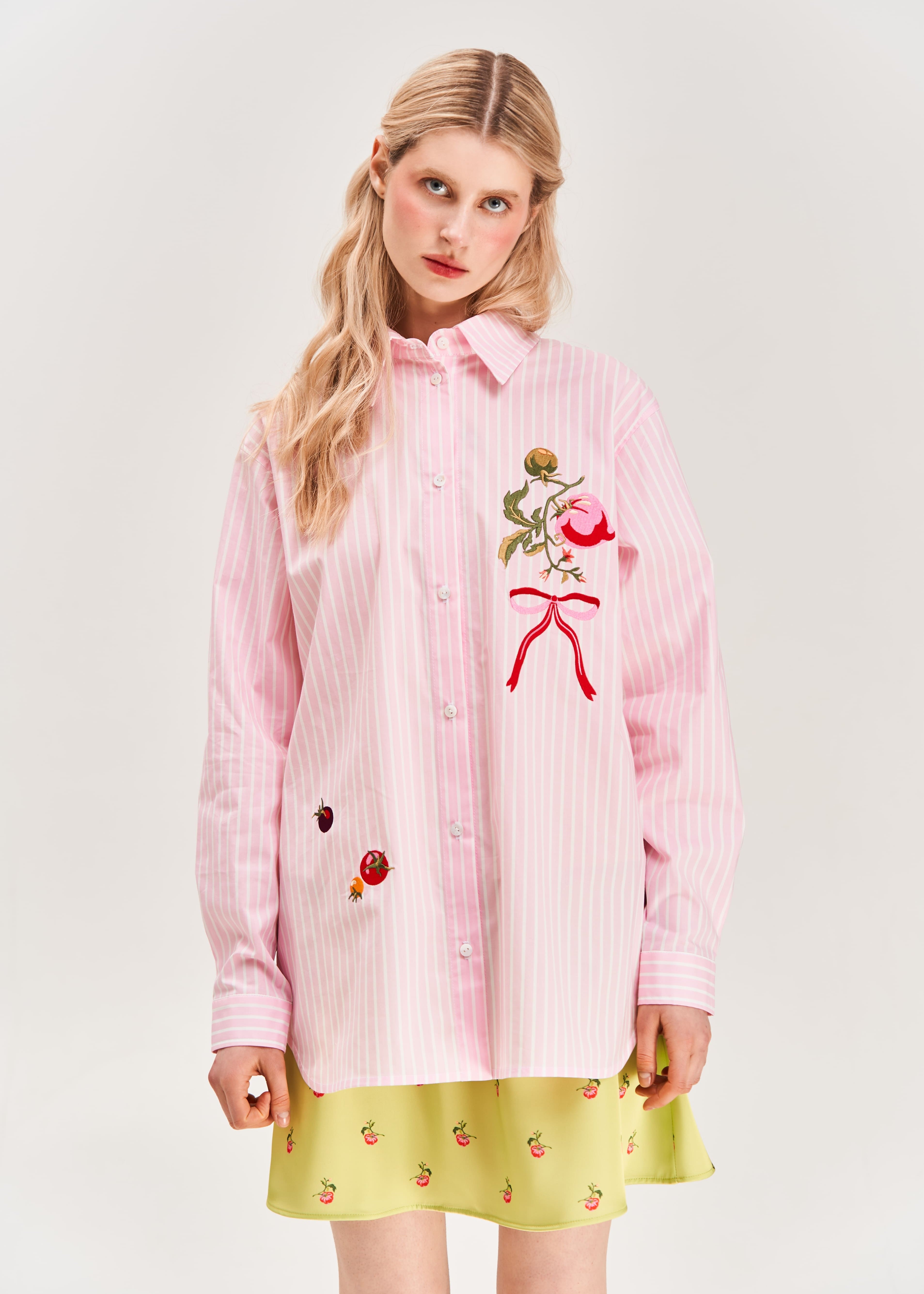 "Kherson Tomato" Embroidered Shirt, Pink Stripe