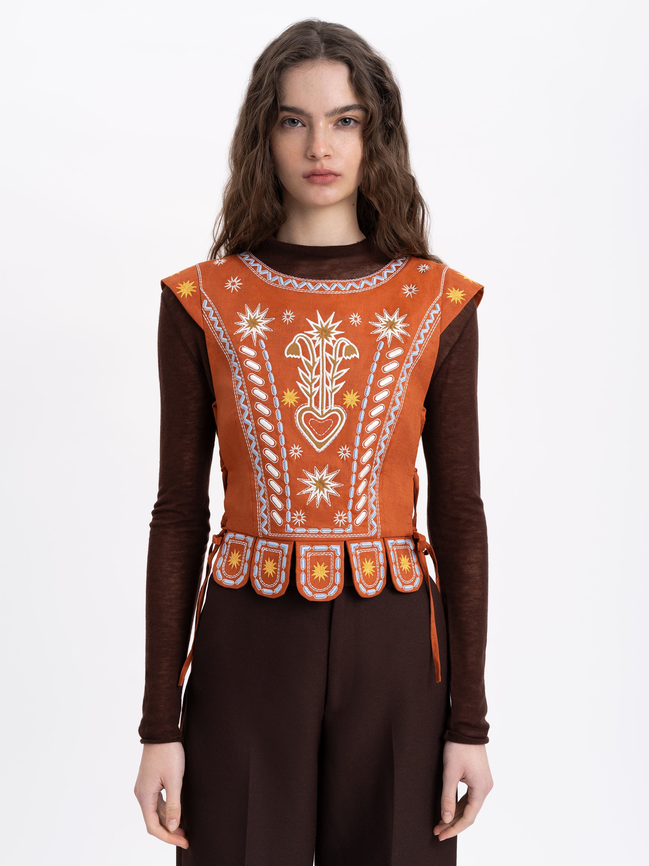 Terracotta linen embroidered vest "Adamant"