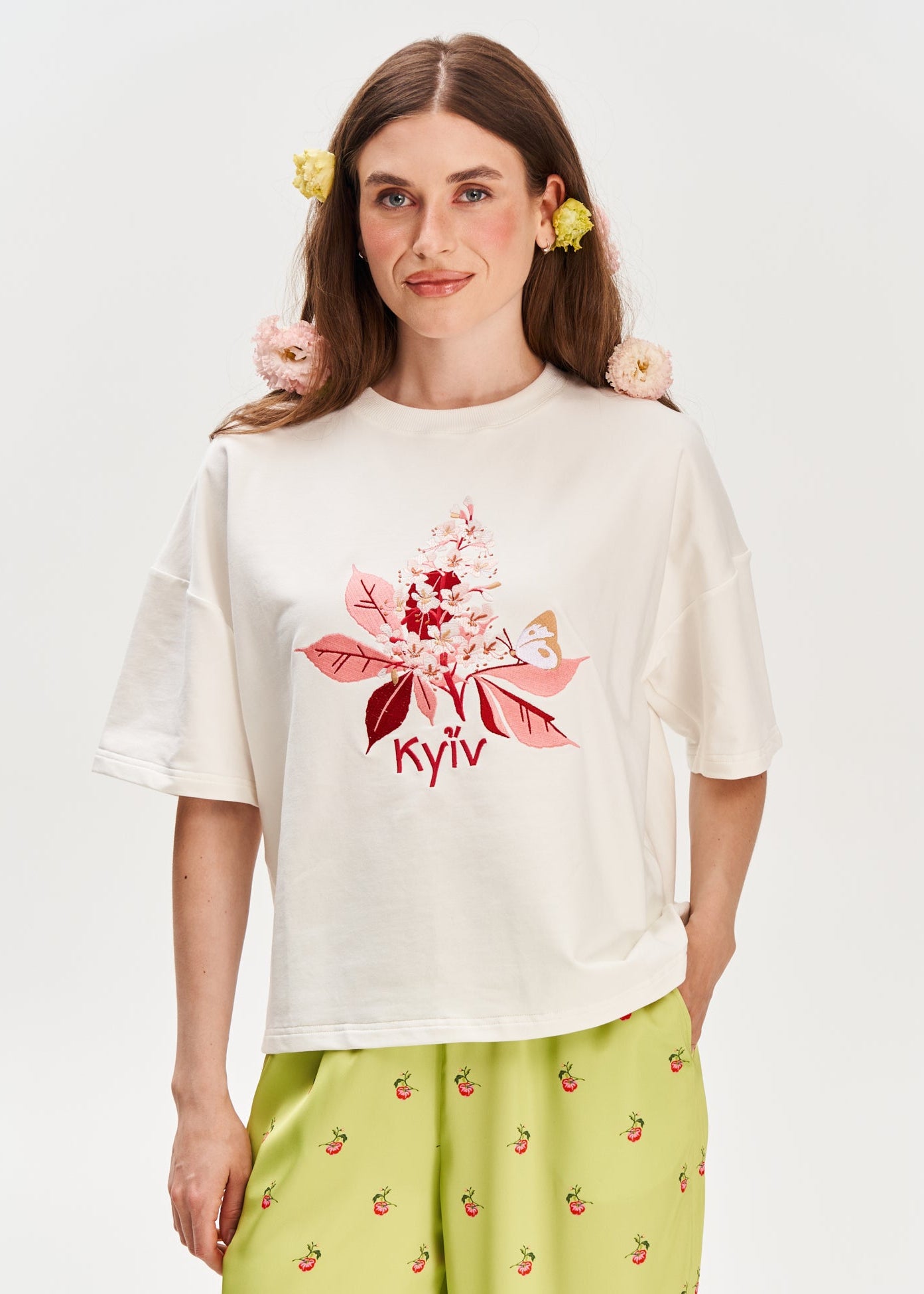 "Kyiv Chestnut Blossom" Embroidered T-shirt, Milky