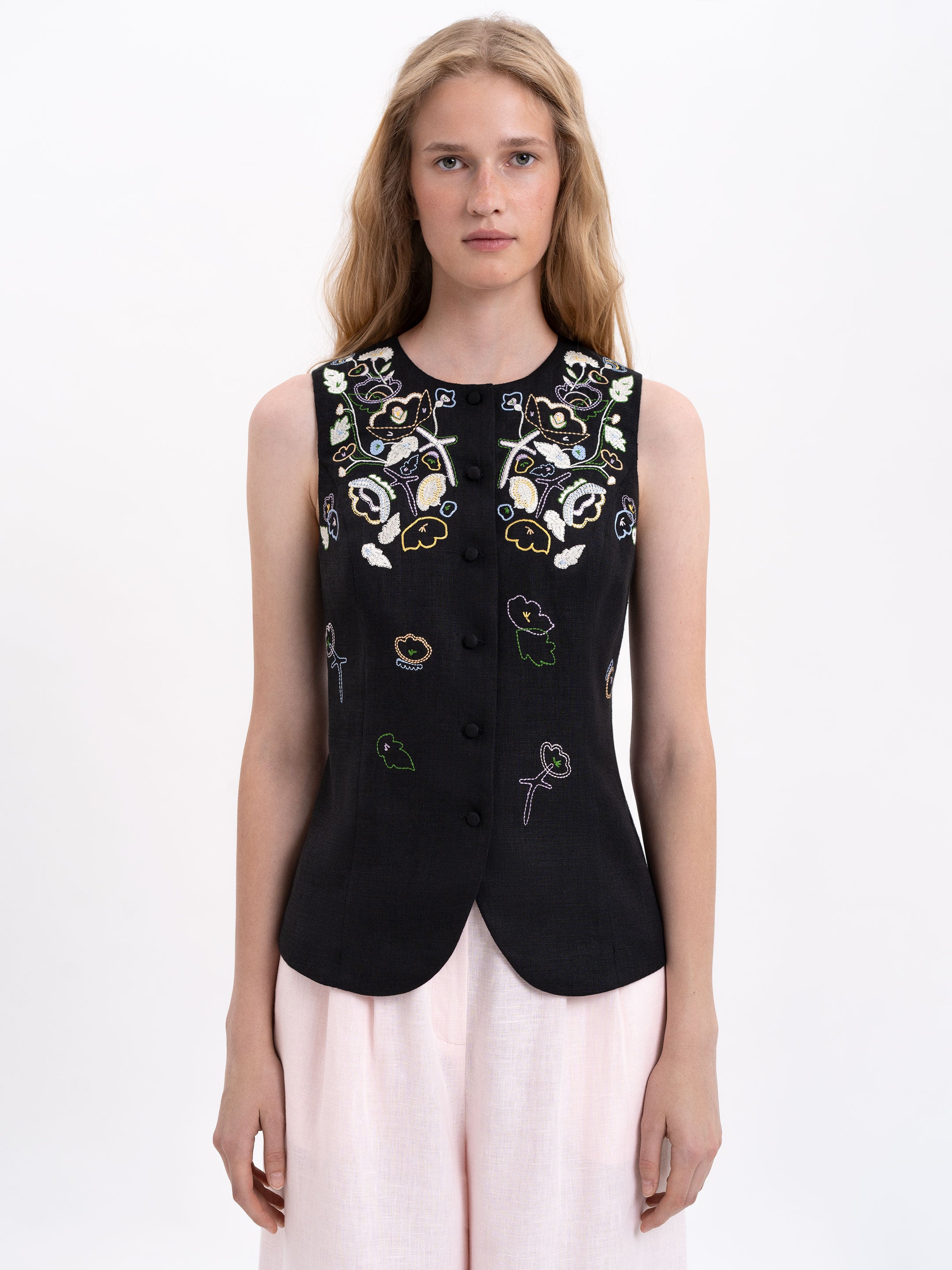 Black linen embroidered vest "Agrus"