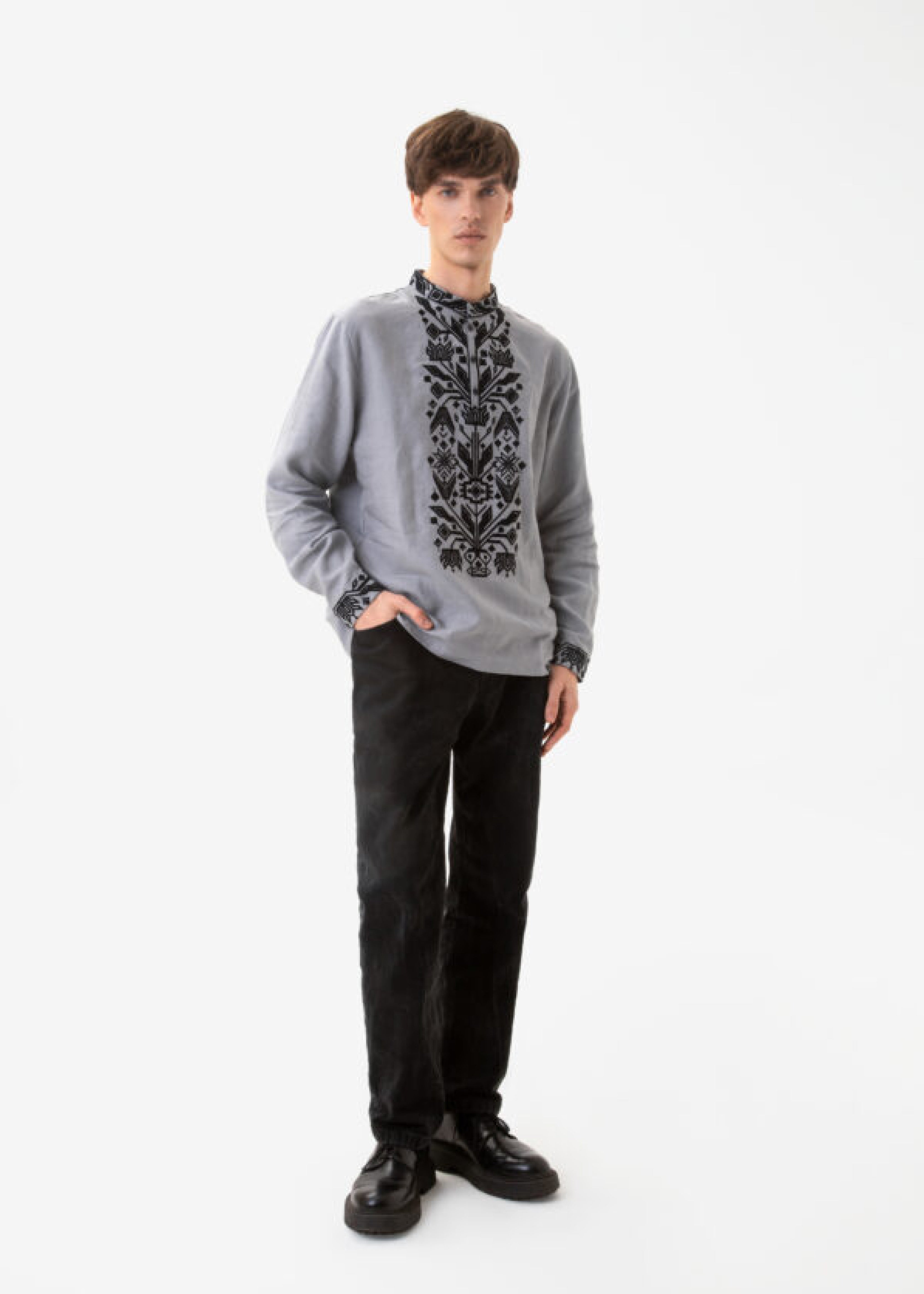 Men’s shirt with traditional embroidery “Kylymok” black ornament