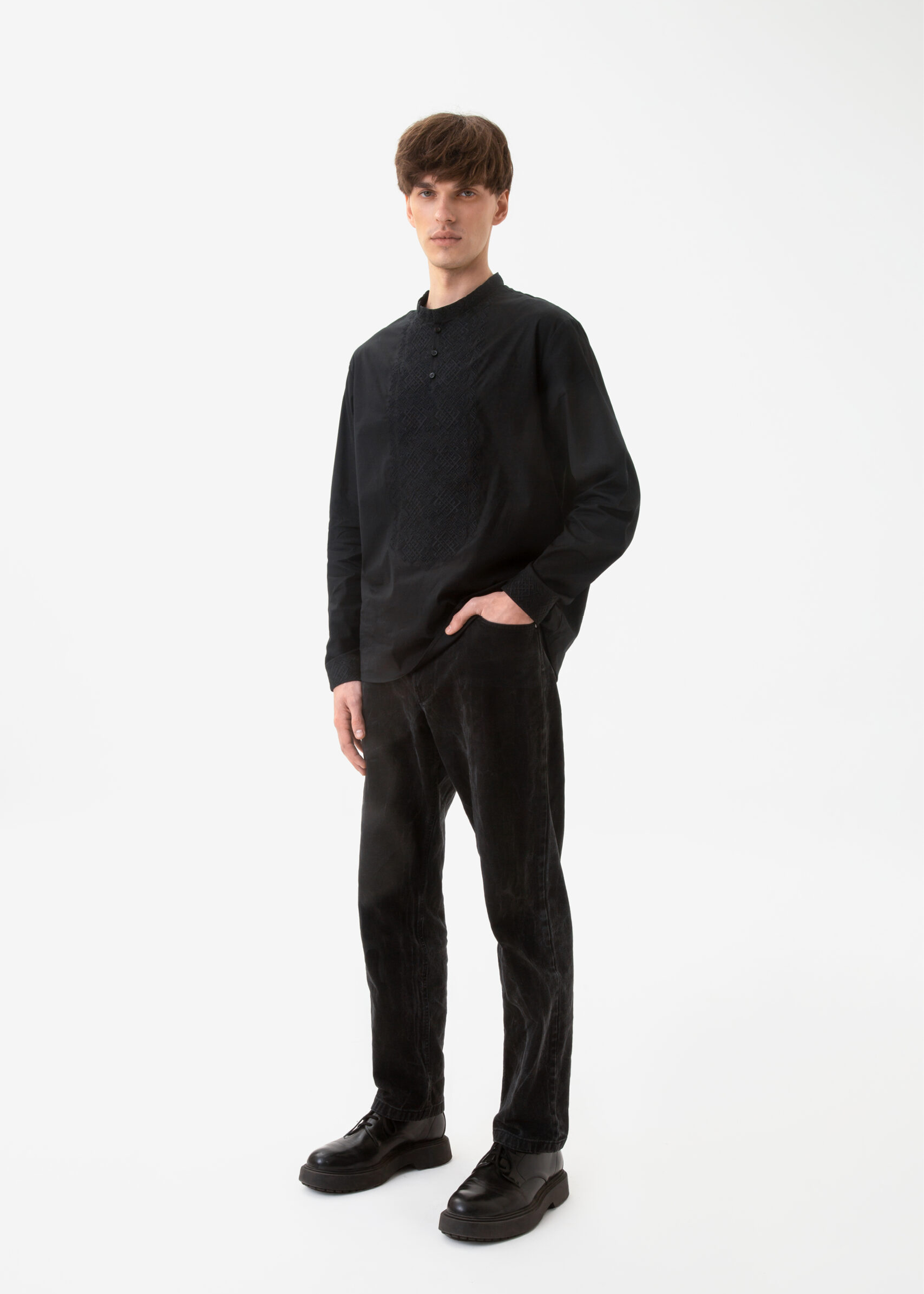 Men’s shirt with designer embroidery “Oprishok” black ornament