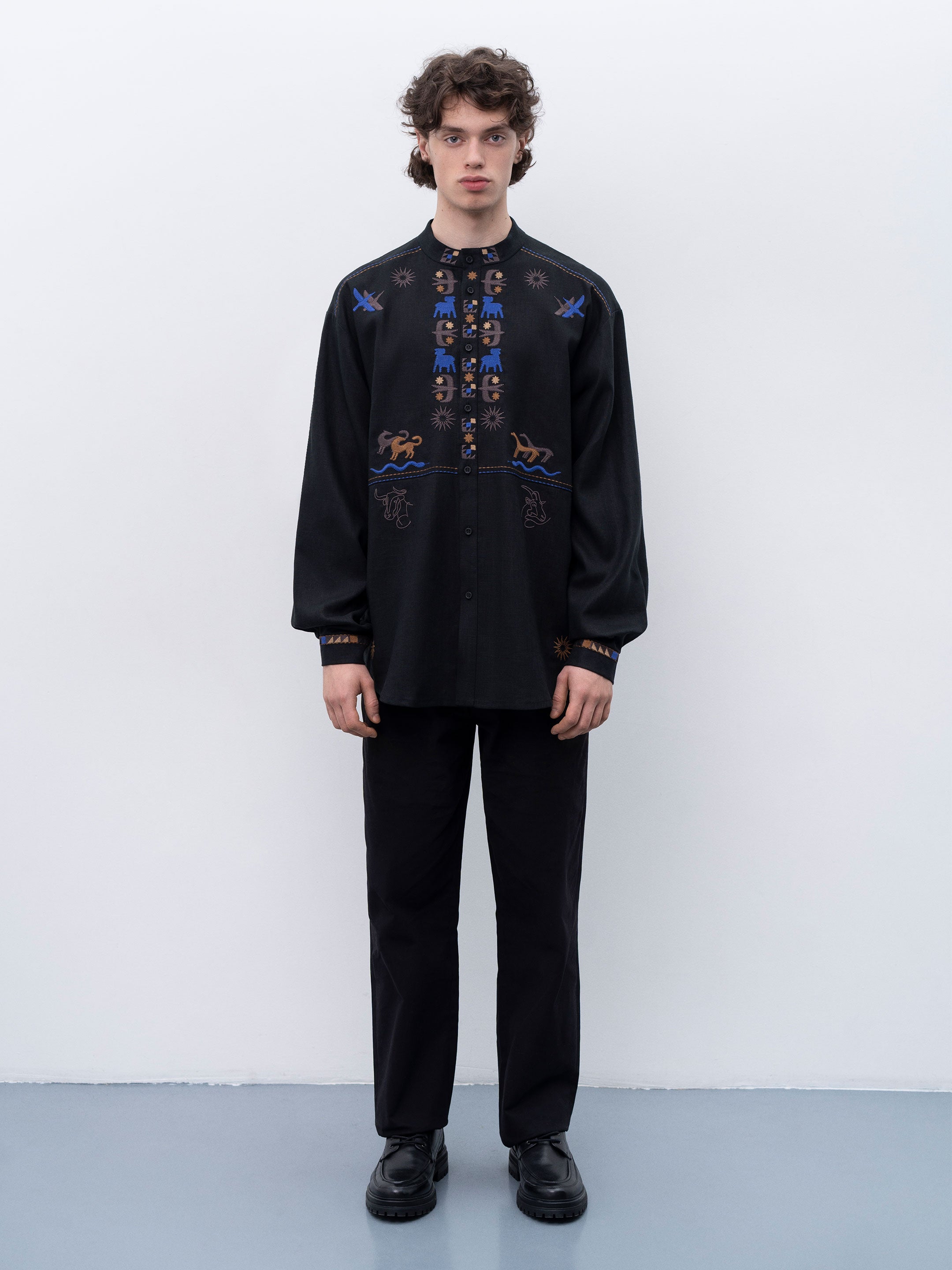 Men's linen shirt on buttons with embroidery Zvir