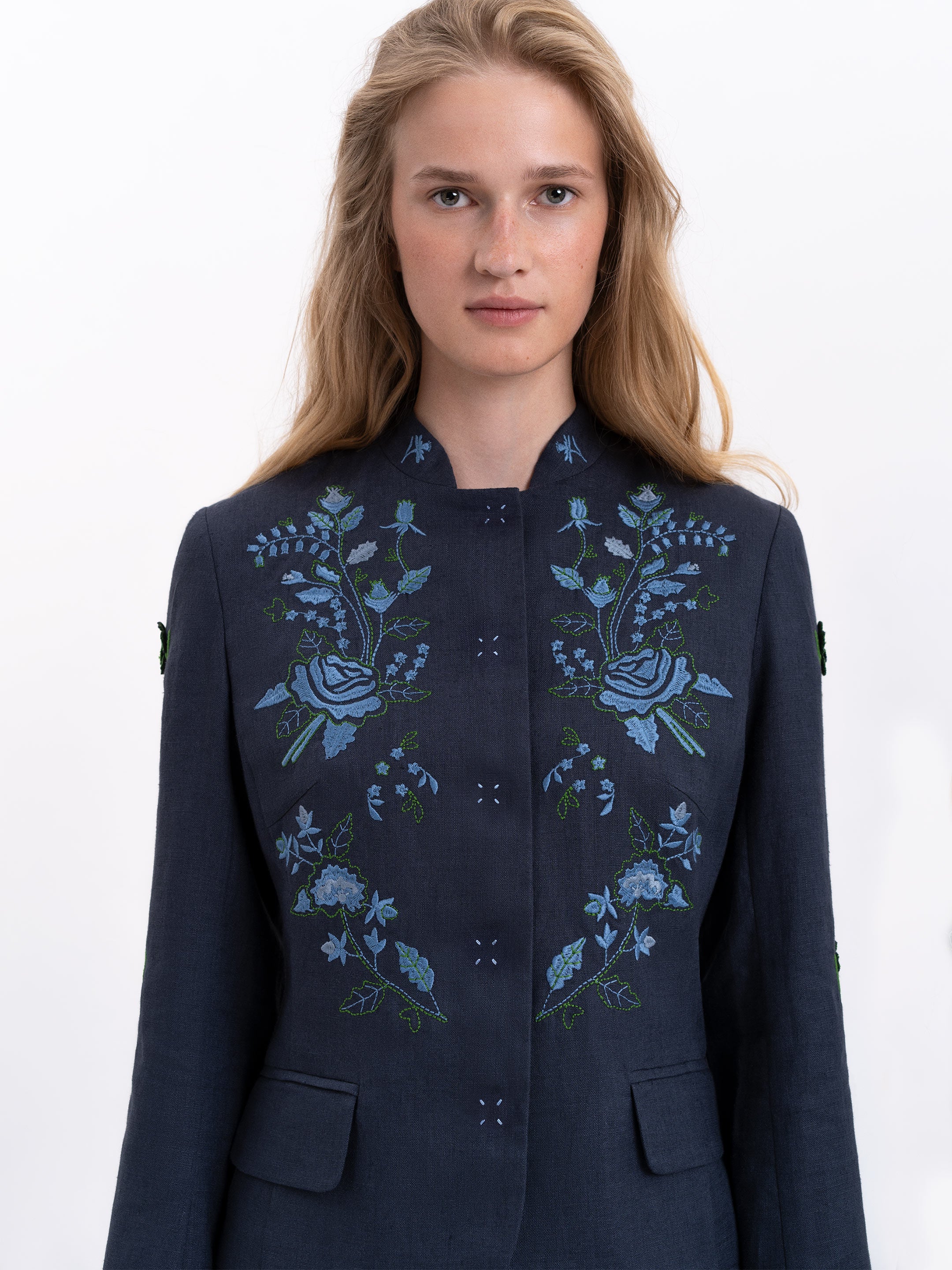 Linen embroidered jacket of dark blue color "Adoxa"