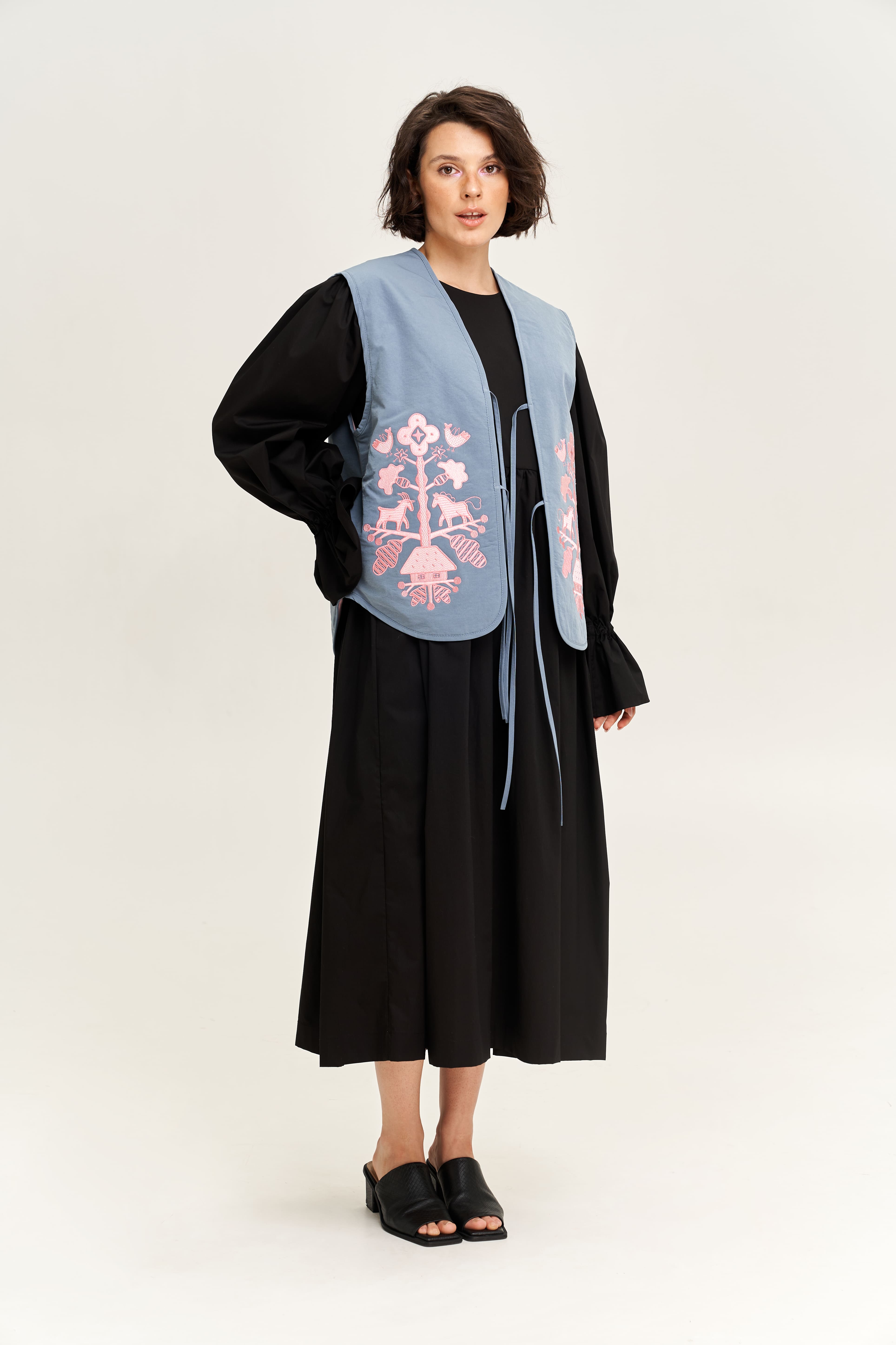 "Tree of Life" Quilted Vest with Embroidery, Blue and Pink