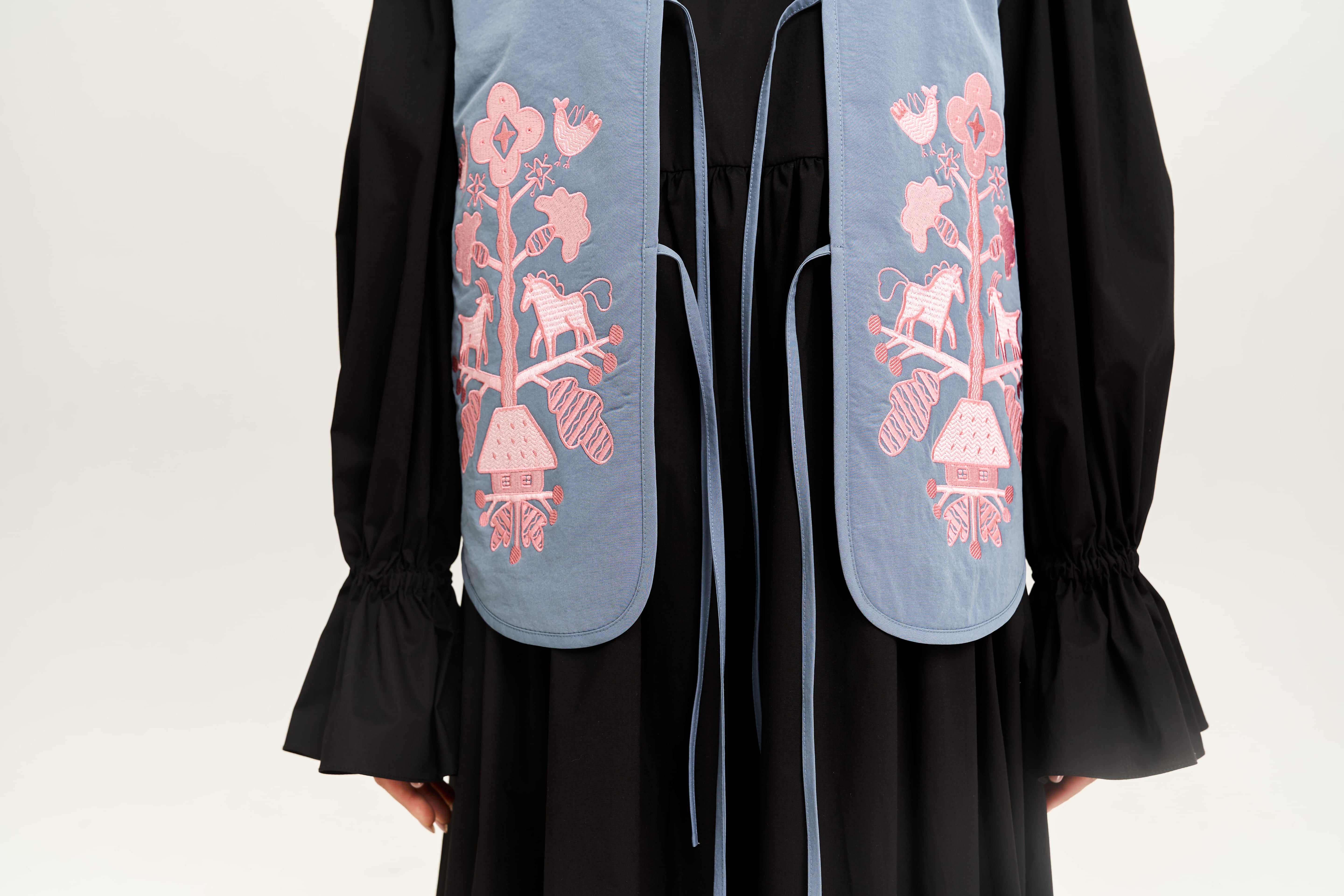 "Tree of Life" Quilted Vest with Embroidery, Blue and Pink