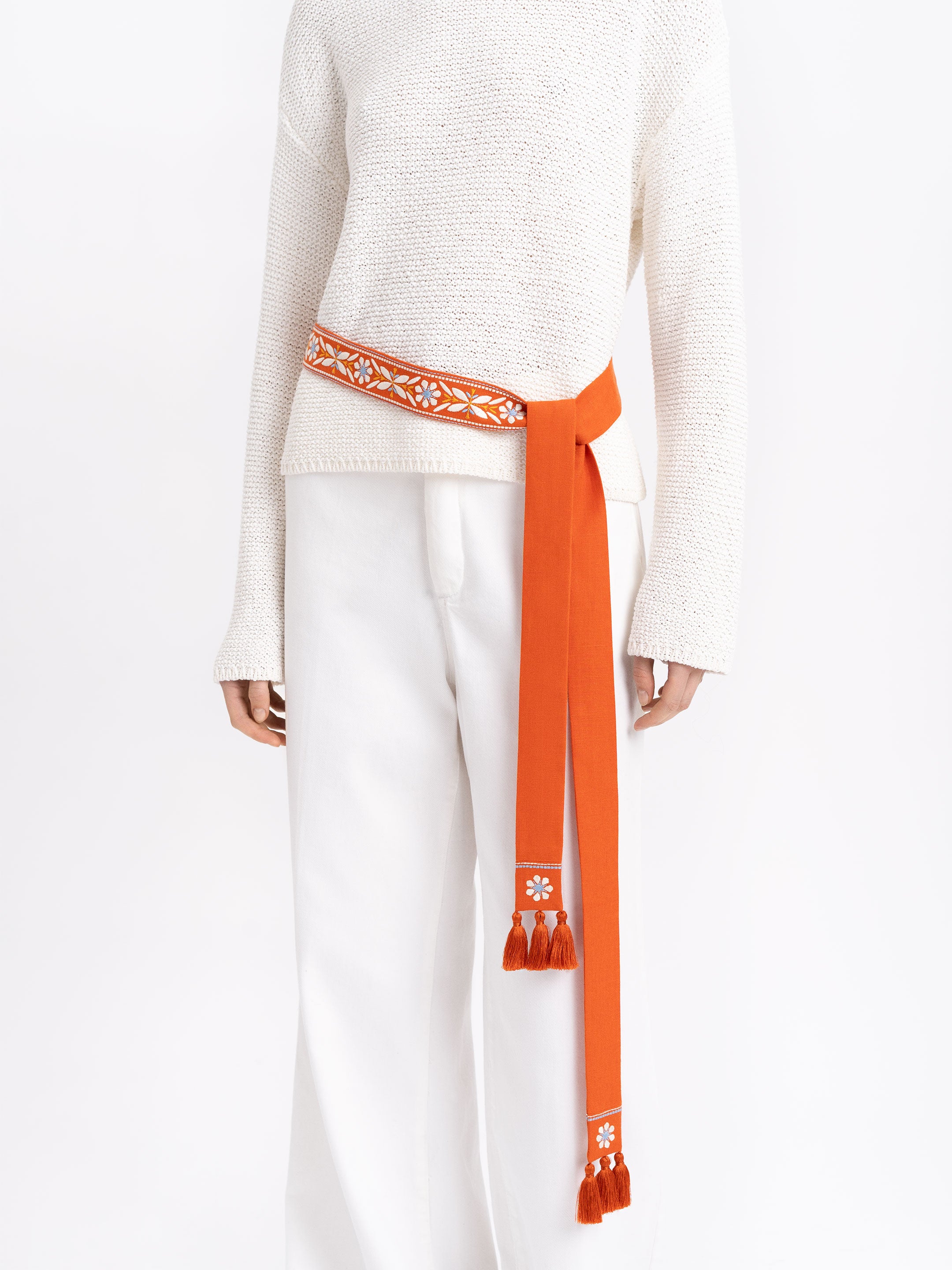 Linen embroidered belt in carrot color "Flora"