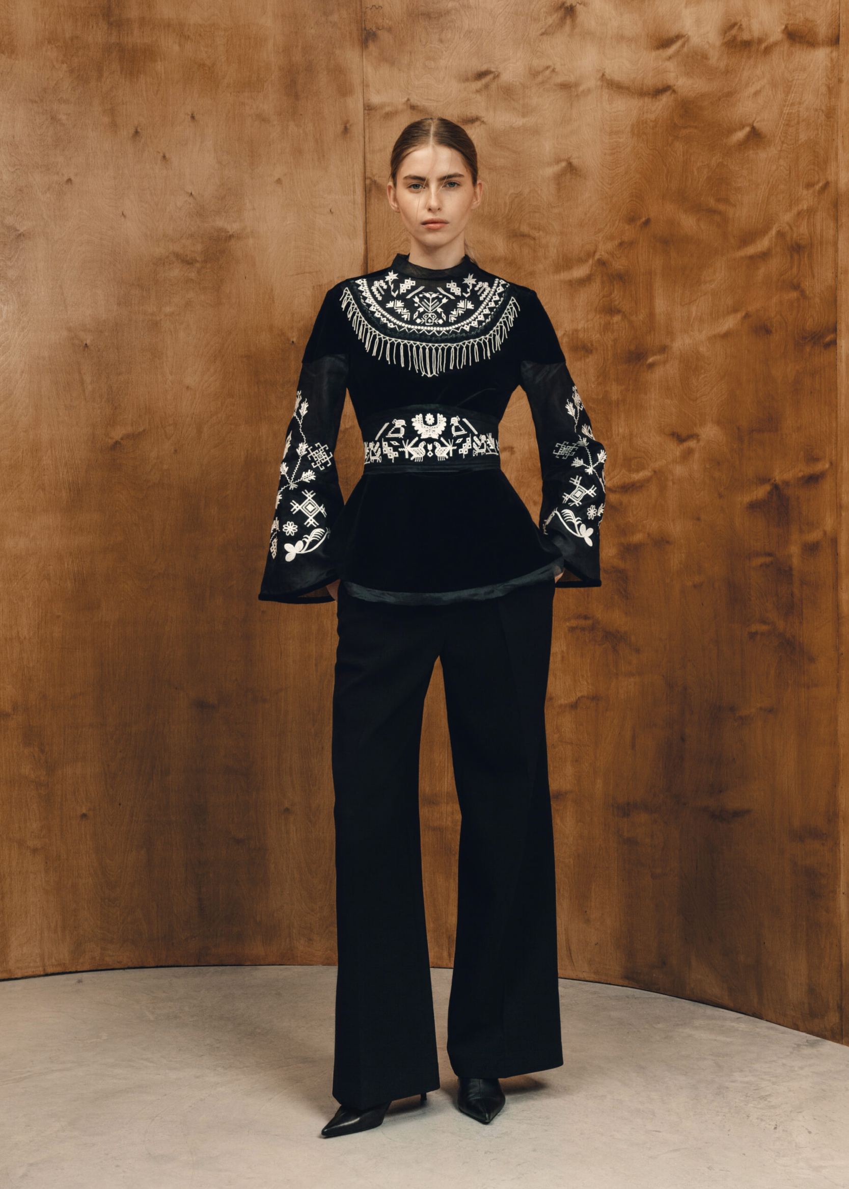 Vyshyvanka of Unity on dark blue velvet with a belt