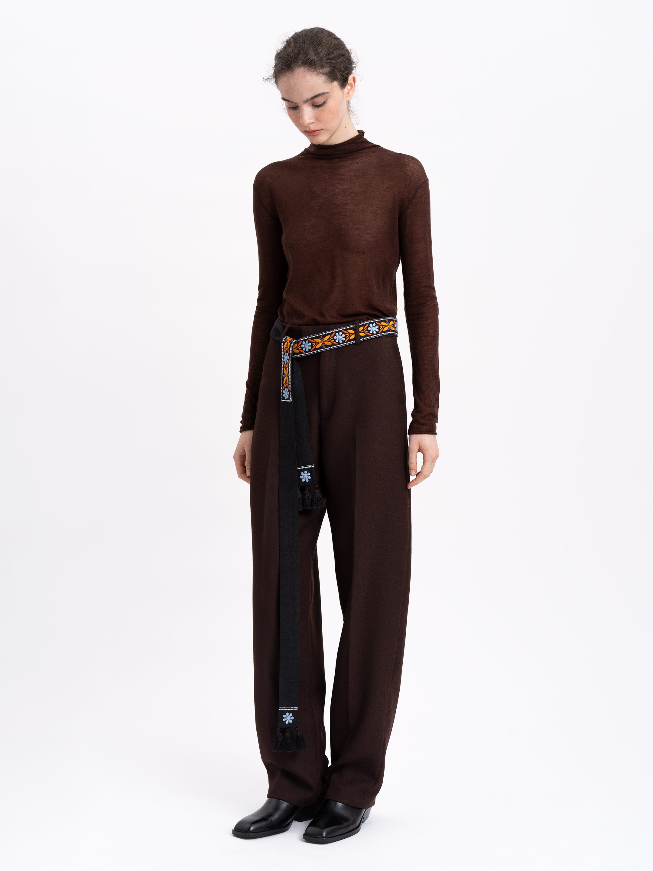 Black linen belt with orange embroidery "Flora"